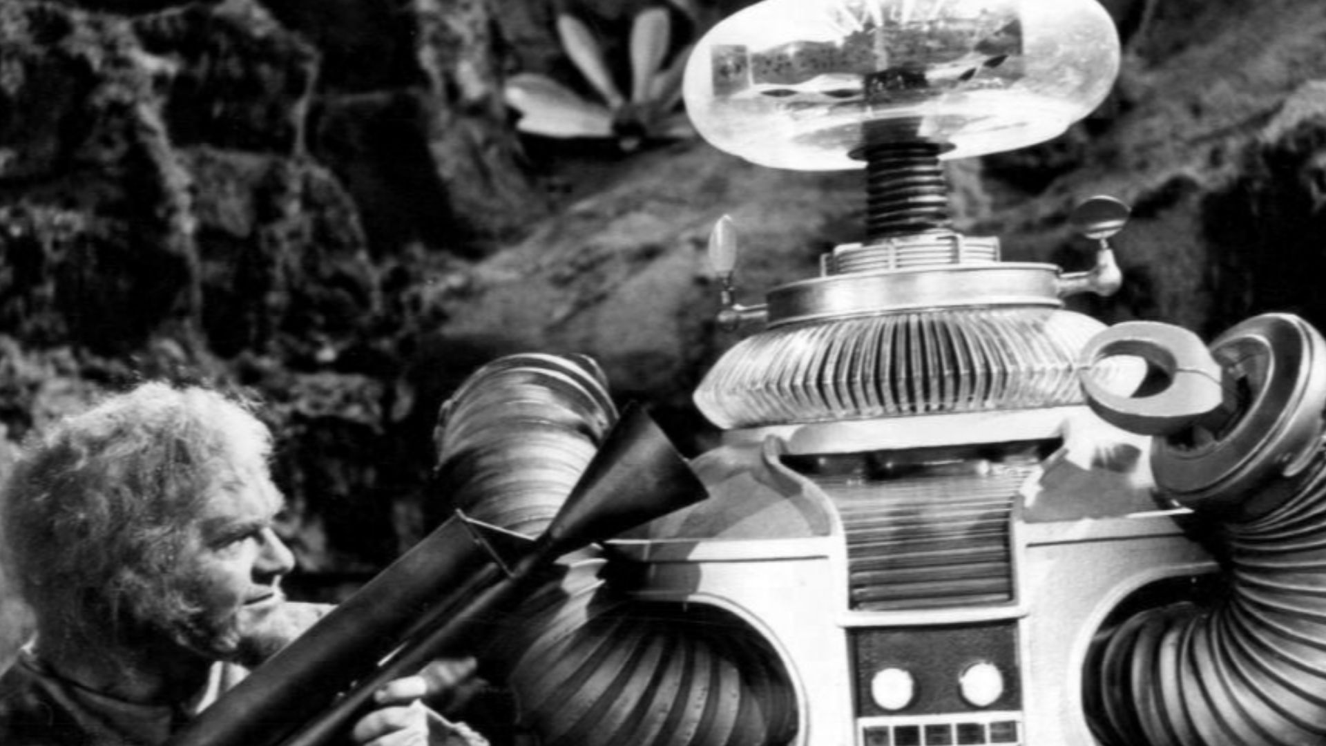 Photo of Wally Cox as a guest star from the television program Lost in Space.  Cox plays an alien who thinks his planet is being invaded.