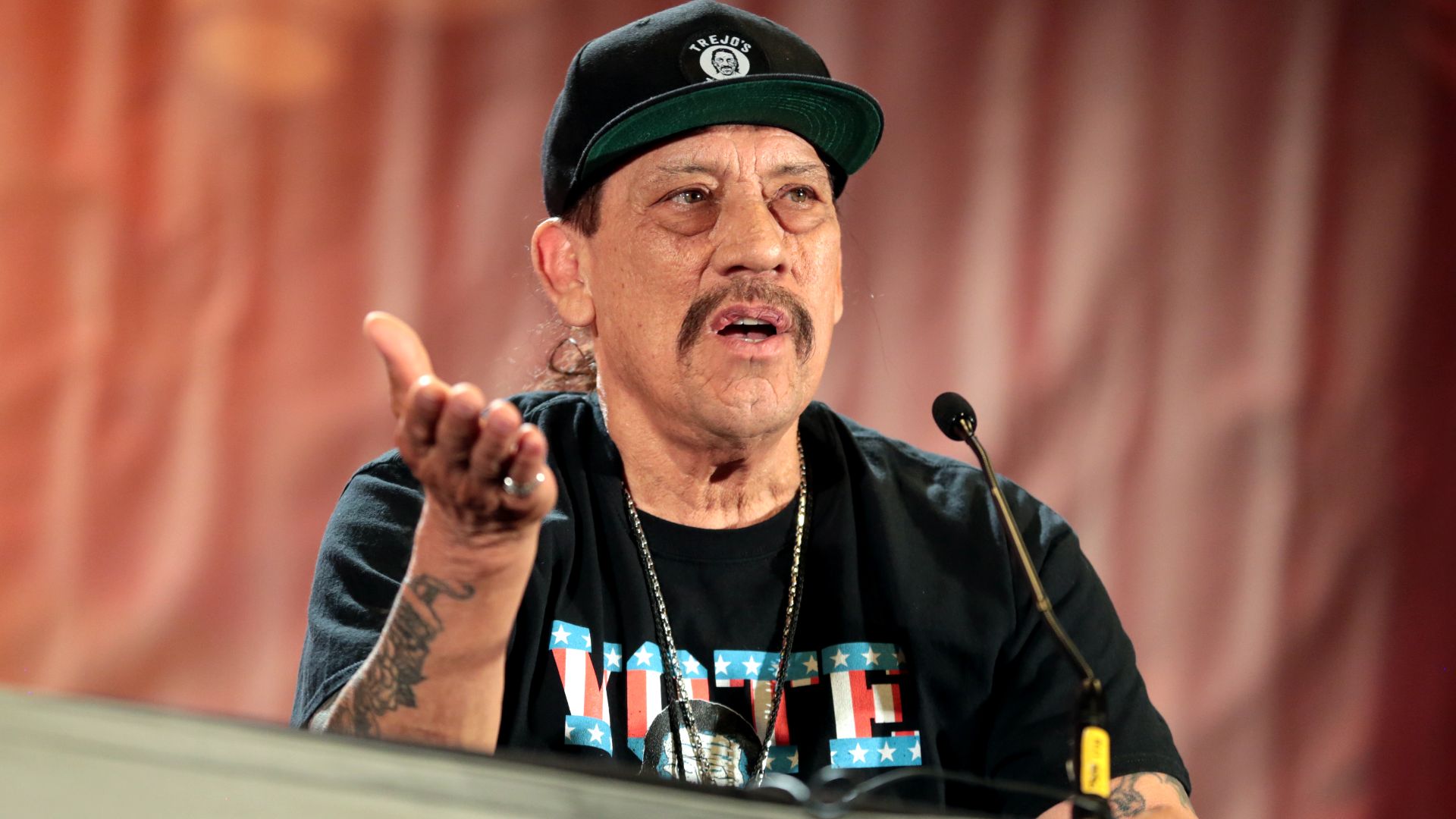 Danny Trejo speaking at the 2017 Phoenix Comicon at the Phoenix Convention Center in Phoenix, Arizona.

Please attribute to Gage Skidmore if used elsewhere.