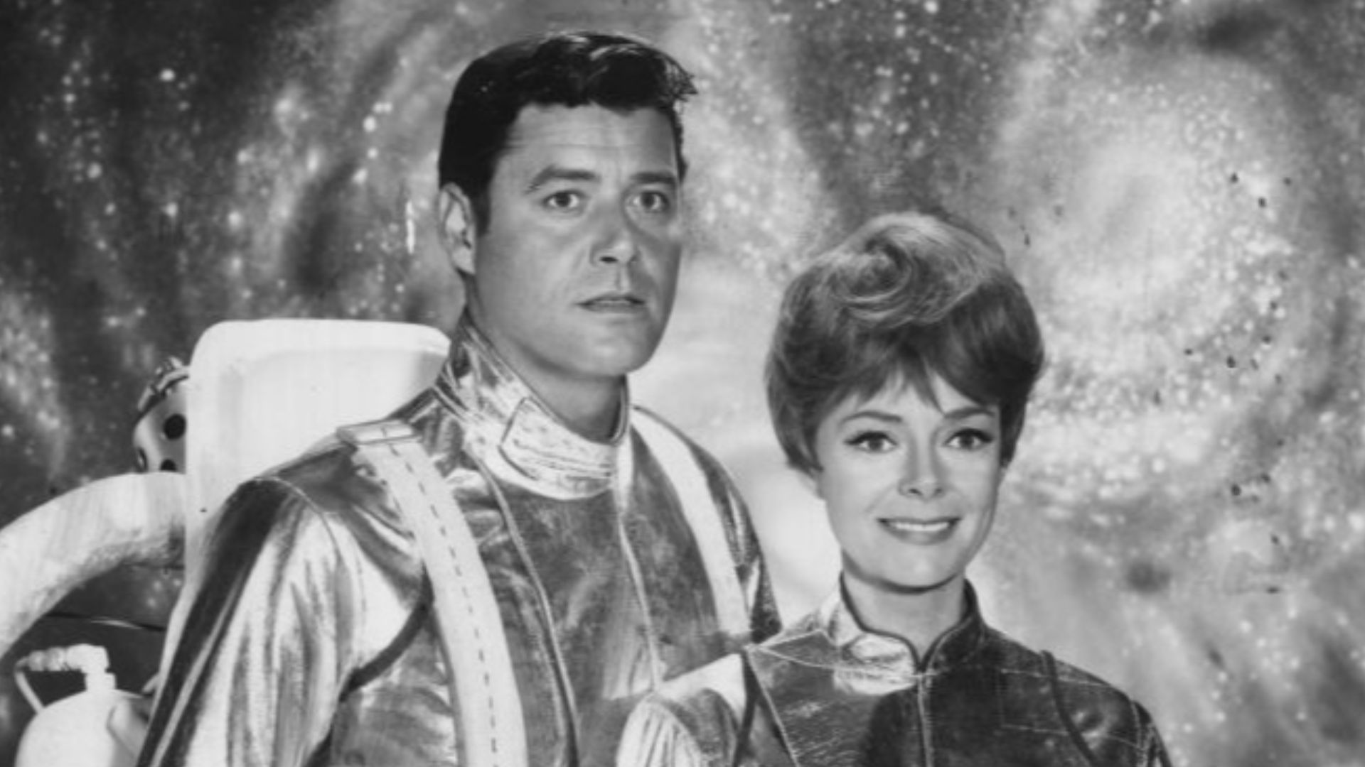 Publicity photo of American actors, Guy Williams and June Lockhart promoting their roles on the CBS television series Lost in Space.
