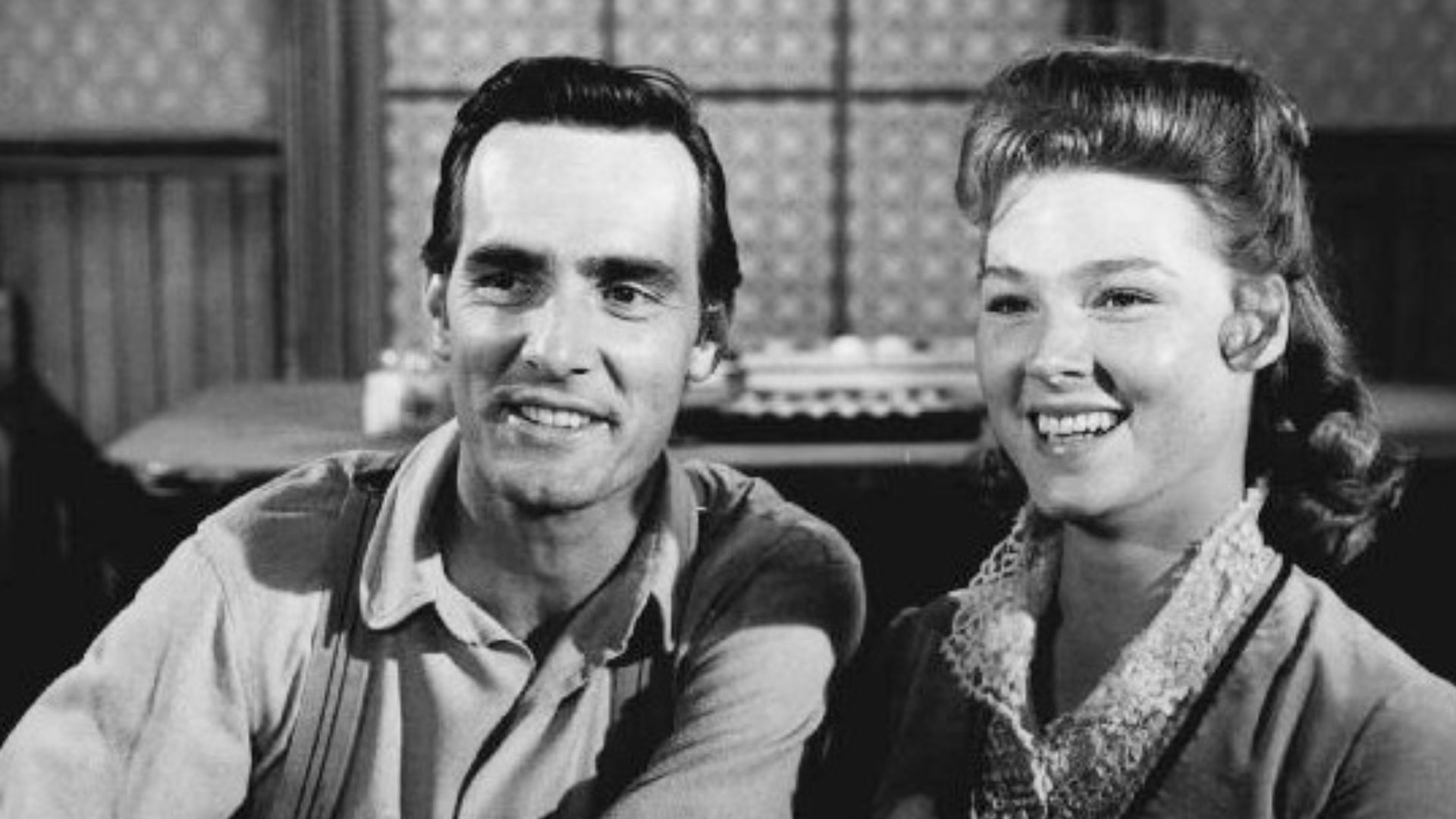 Photo of Dennis Weaver as Chester Goode and guest star Mariette Hartley from the television program Gunsmoke.