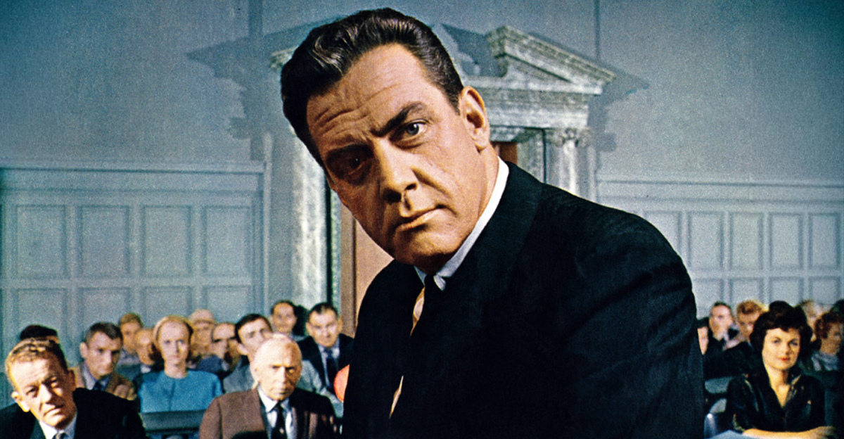 Photograph of Raymond Burr and other cast members on the set of the CBS-TV series Perry Mason, from the front cover of Look magazine