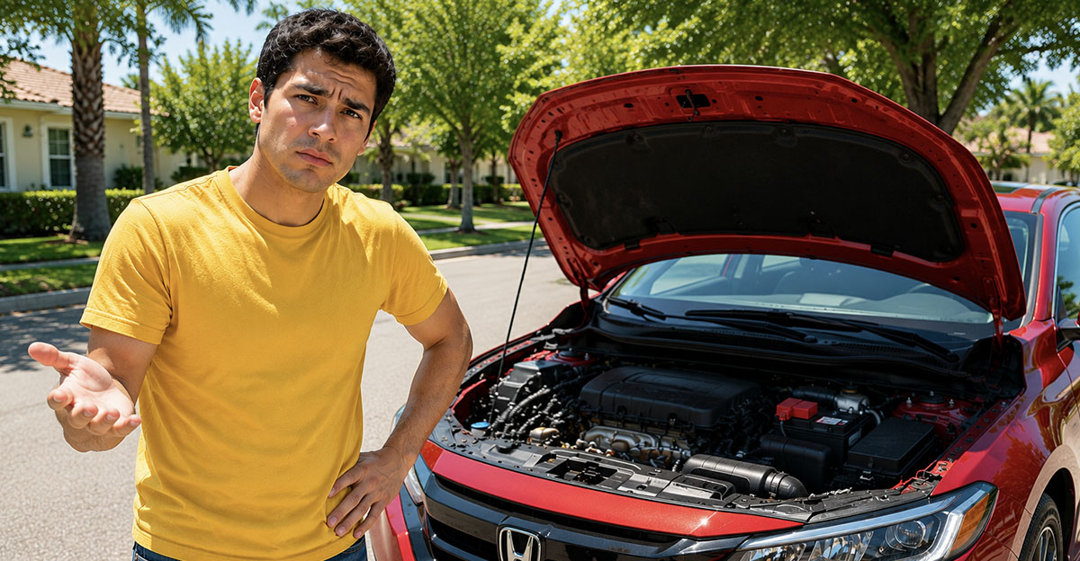 AI-generated image of a man trying to replace his car battery himself.