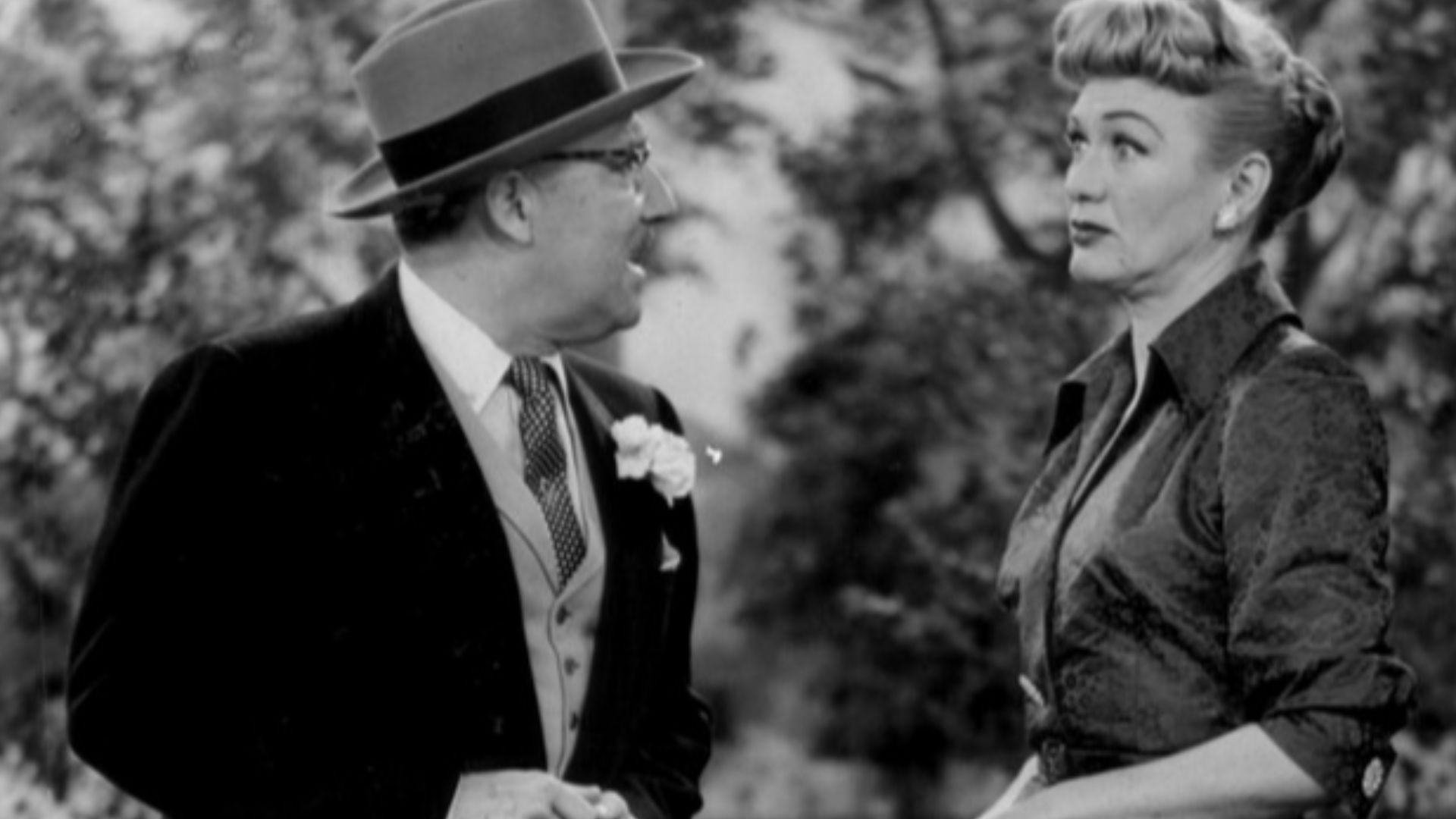Publicity photo from Our Miss Brooks. Pictured are Mr. Conklin (Gale Gordon) and Connie Brooks (Eve Arden). The episode deals with Conklin's receiving a message to meet an old college flame in the park; instead he finds Miss Brooks.