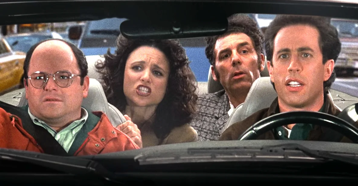 Screenshot of actors Jason Alexander, Julia Louis-Dreyfus, Michael Richards, and Jerry Seinfeld in the Seinfeld episode “The Puerto Rican Day” (1998) 