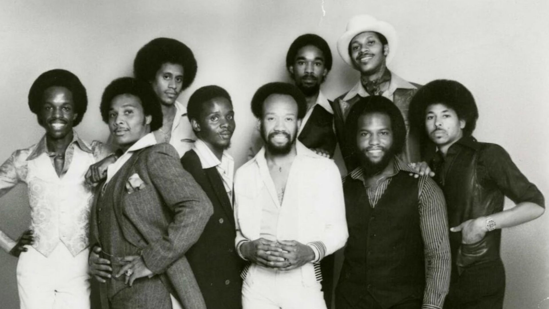 Earth, Wind, and Fire in a press photo dated to 1977. Photo itself was taken the same year or earlier