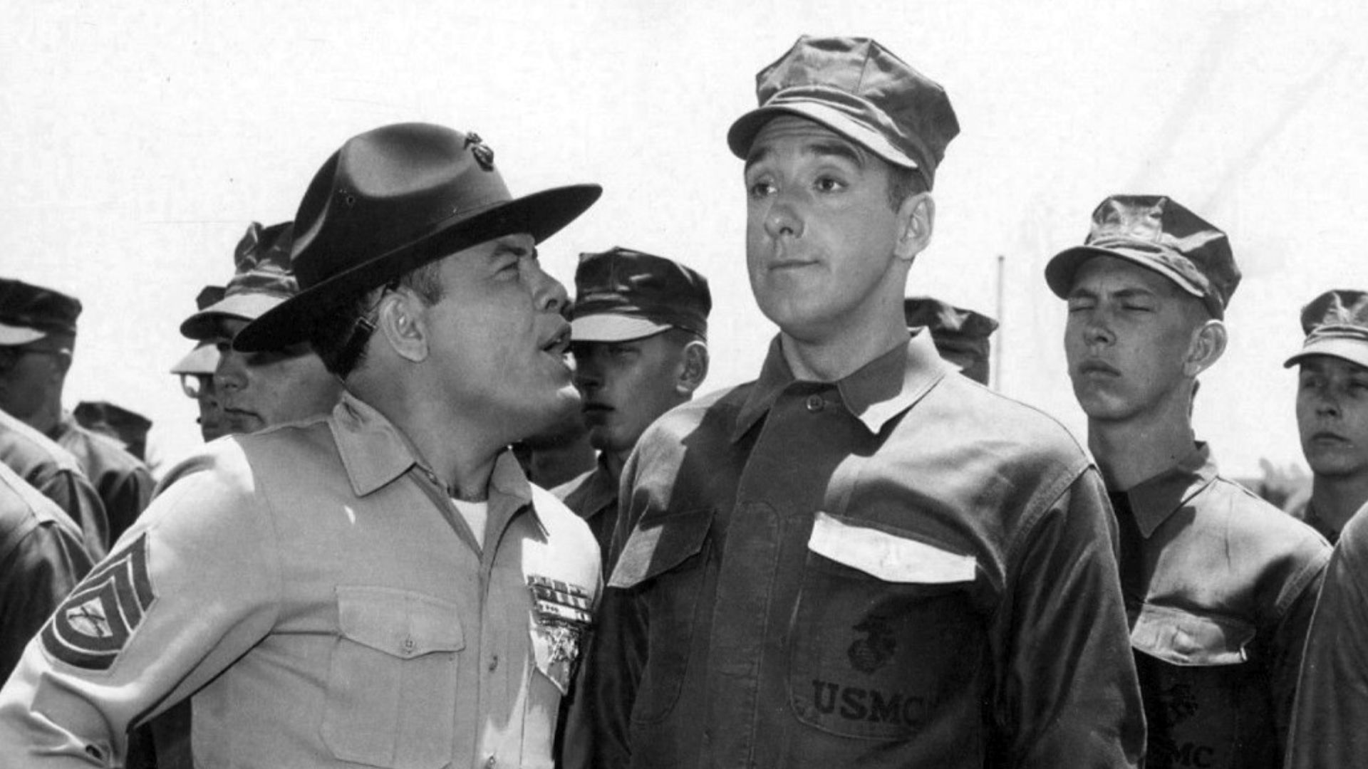 Photo of Jim Nabors as Gomer Pyle and Frank Sutton as Sergeant Carter from the 1964 premiere of Gomer Pyle USMC.