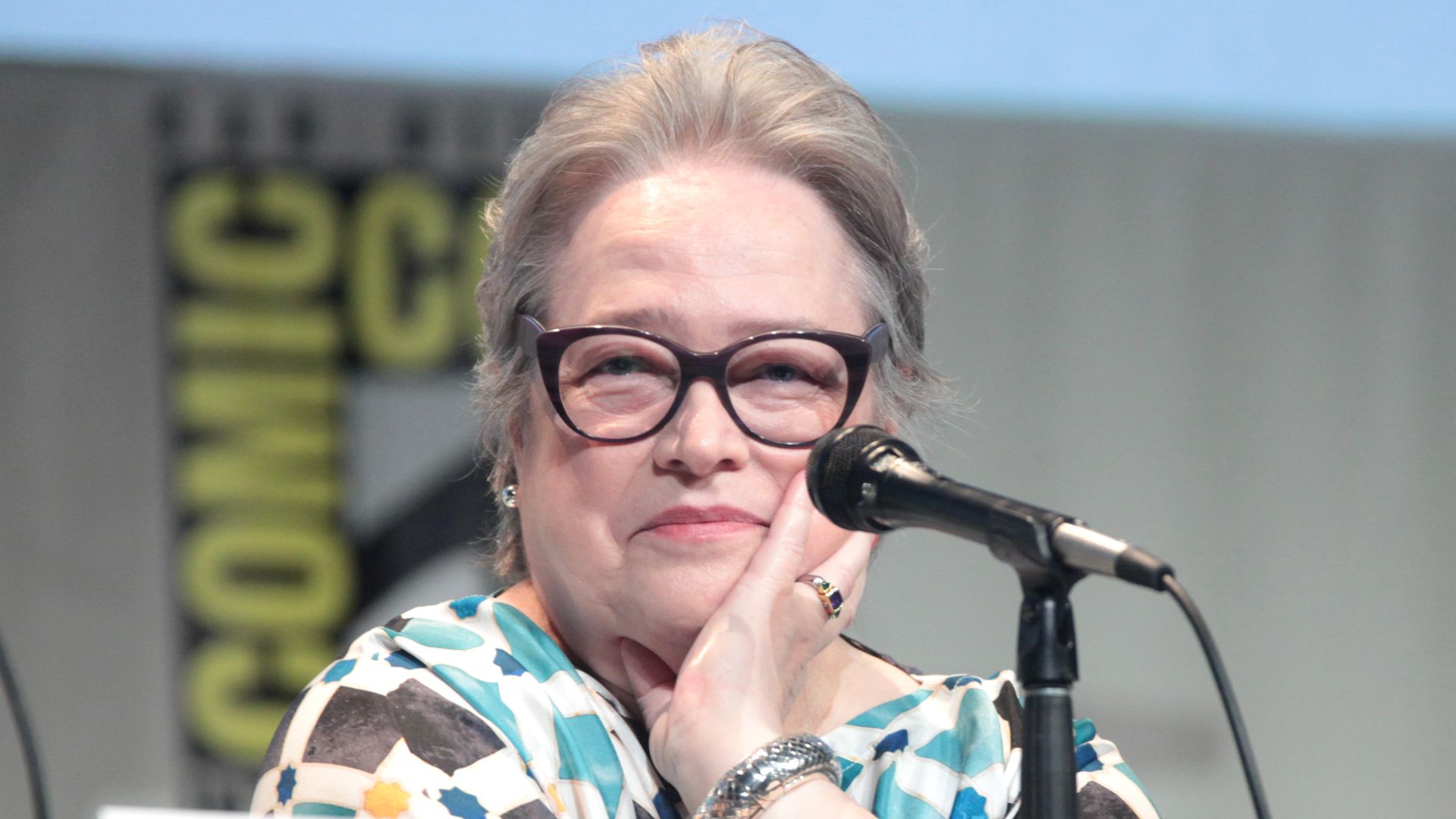 Kathy Bates speaking at the 2015 San Diego Comic Con International, for