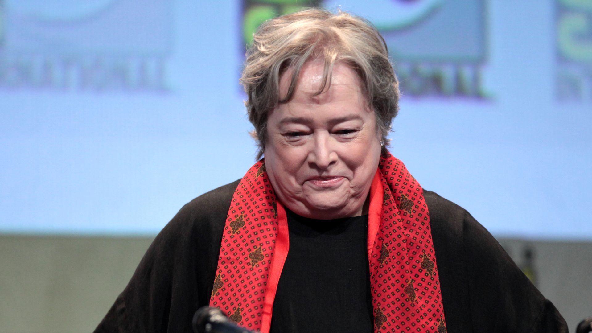 Kathy Bates speaking at the 2015 San Diego Comic Con International, for