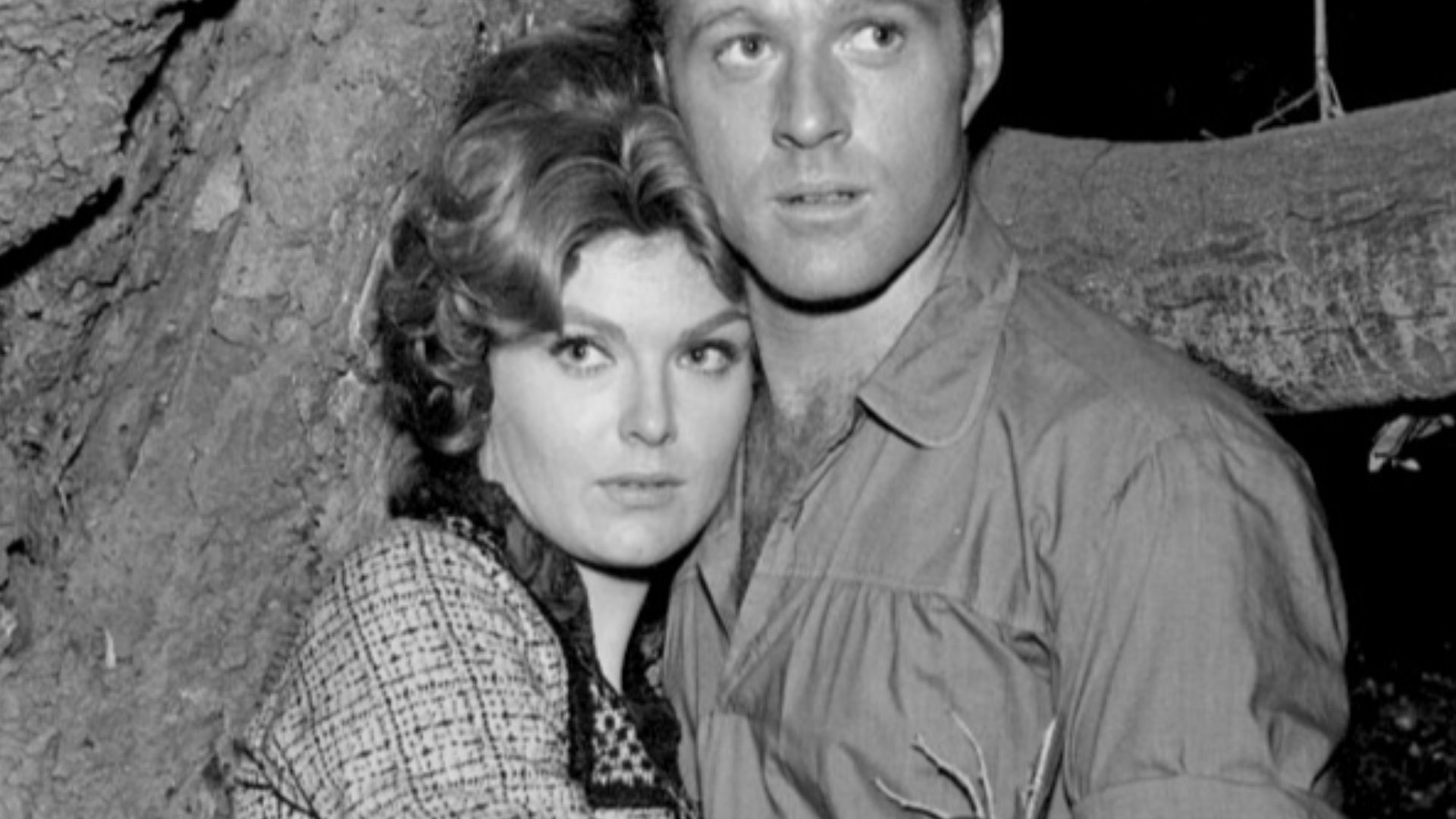 Photo of Robert Redford and Patricia Blair in an episode of The Virginian,