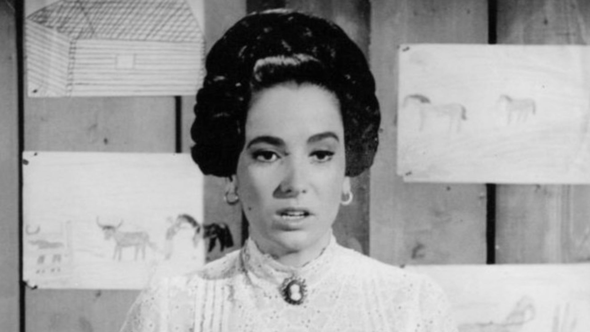 Photo of Linda Cristal as Victoria Cannon from the television series The High Chaparral.  When Tucson's only school closes, Victoria becomes a teacher.
