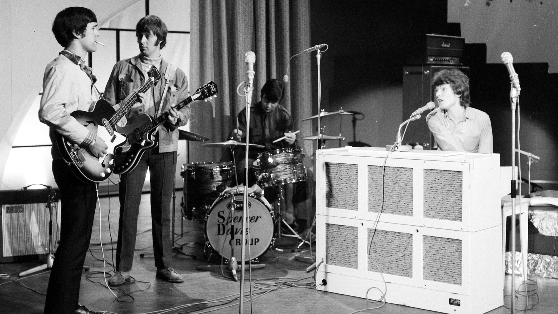Rehearsal of The Spencer Davis Group, before performing at the Grand Gala du Disque, Concertgebouw Amsterdam, 30 Sept. 1966. From left to right: Muff Winwood (bass), Spencer Davis (guitar), Pete York (drums) & Steve Winwood (organ)