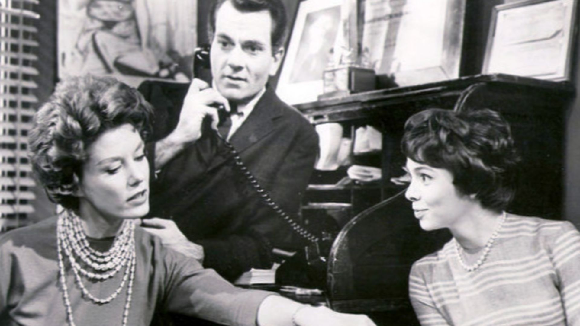 Publicity photo from the television program From These Roots.  Pictured from left: Ann Flood, Robert Mandan and Sarah Hardy.
