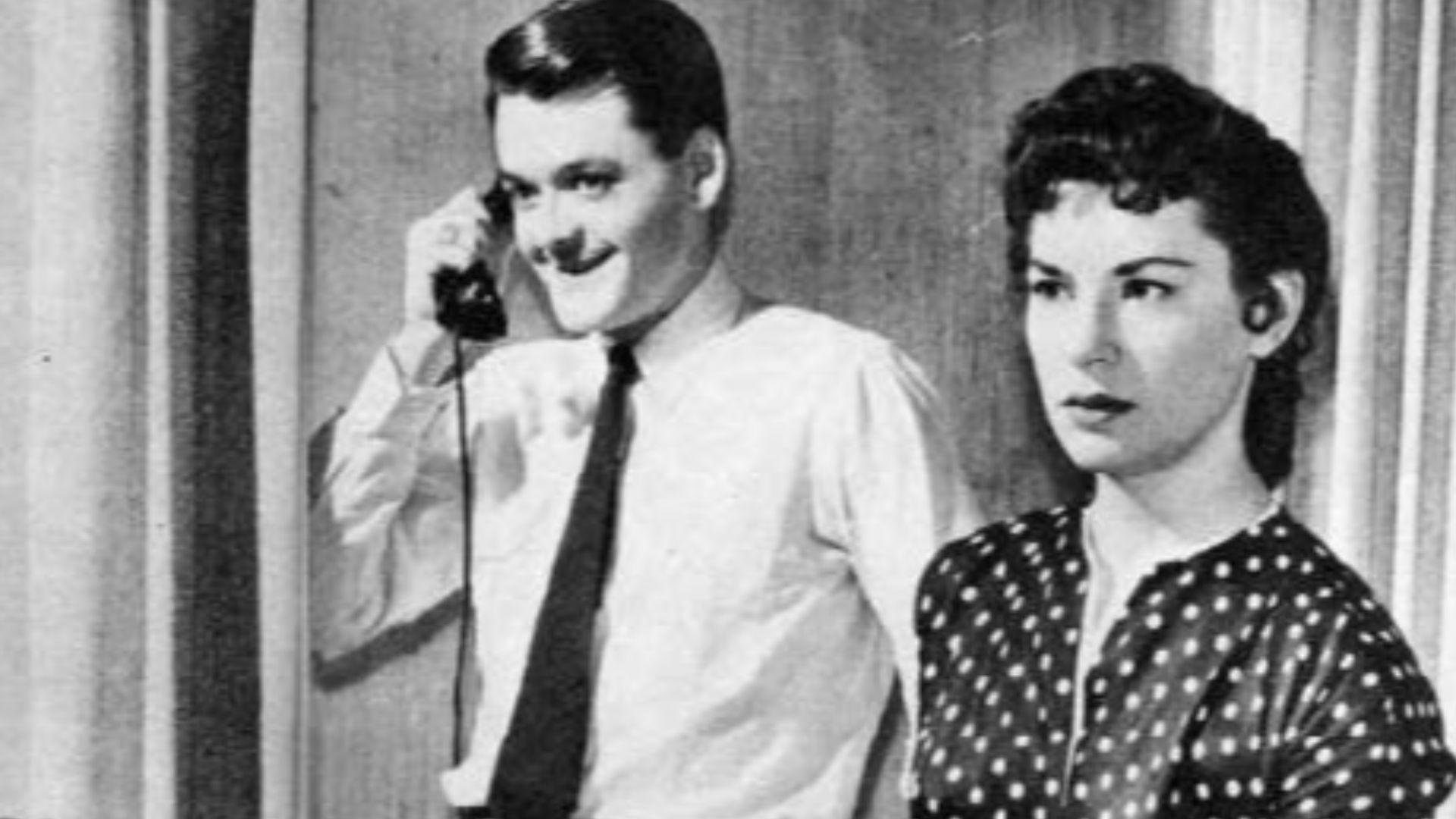 A scene from the daytime drama The Brighter Day. Three of Reverend Dennis' children are shown. From left: Mary Linn Beller (Babby), Hal Holbrook (Grayling), and Lois Nettleton (Patsy). Grayling was in charge of the house hold while his father was in Chica