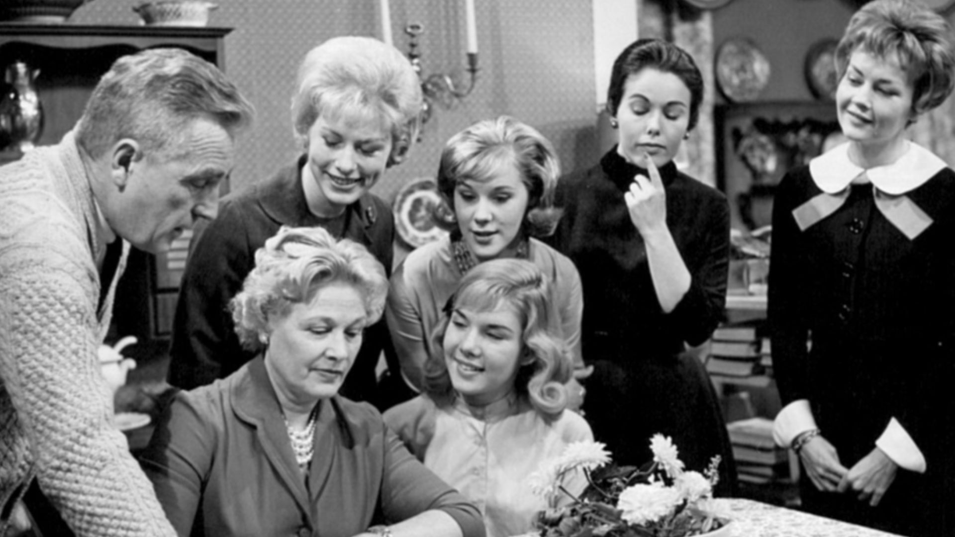 Photo the cast of the short-lived daytime drama Our Five Daughters.  First row from left: Michael Keene (Jim Lee-standing), Esther Ralston (Helen Lee-seated), Jacqueline Courtney (Ann Lee-seated). Top row: Patricia Allison (Barbara Lee), Iris Joyce (Marjo