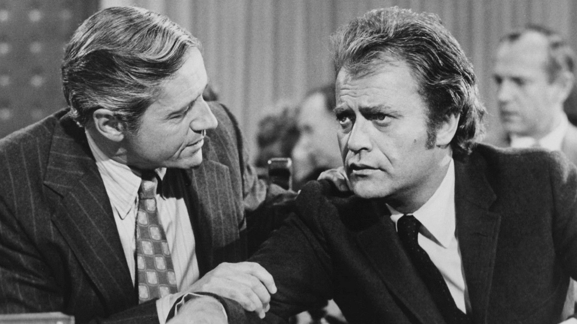 Photo of Arthur Hill as Owen Marshall and guest star Vic Morrow from the television series Owen Marshall:Counselor at Law.