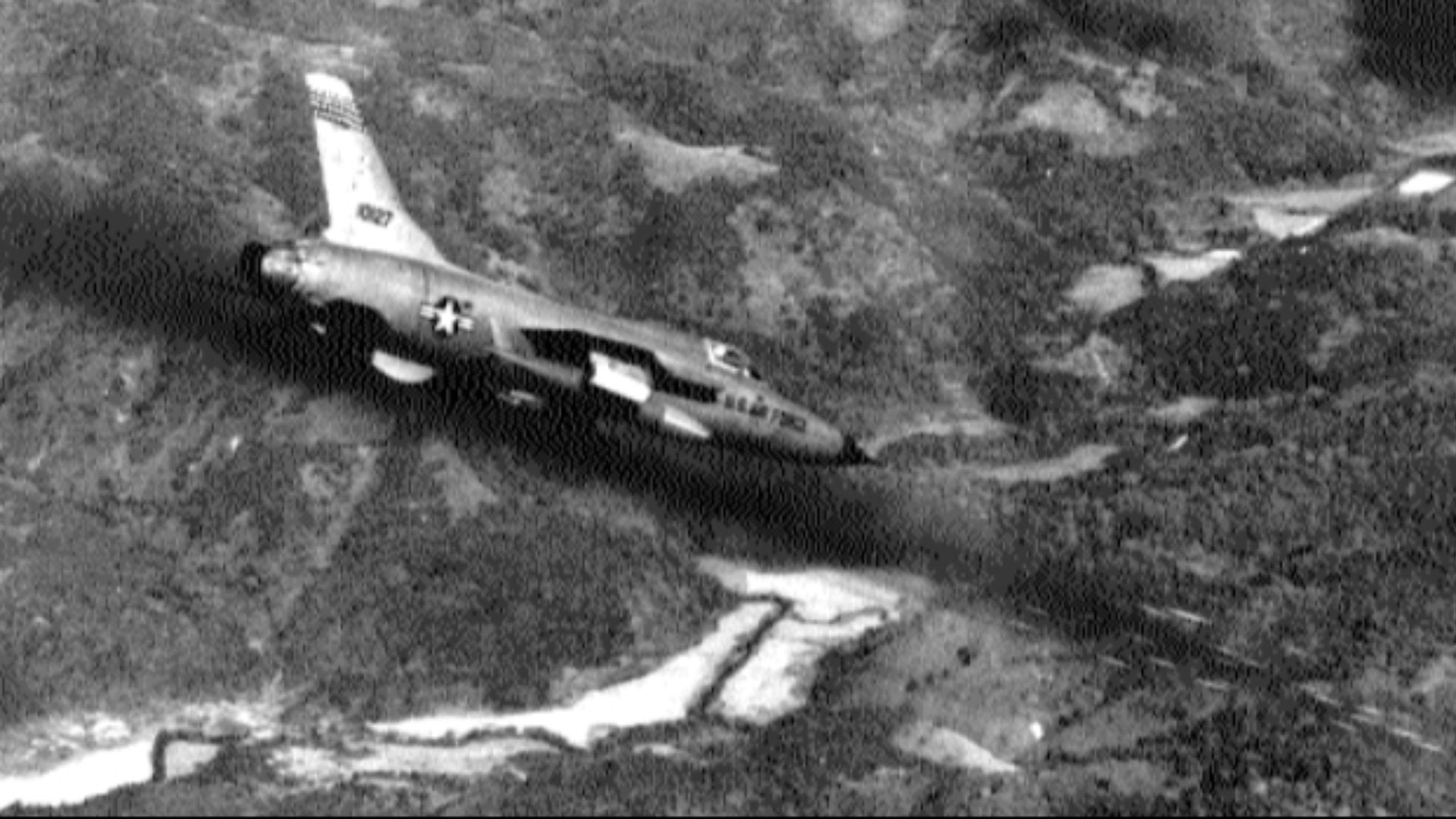 A U.S. Air Force Republic F-105D-20-RE Thunderchief (s/n 61-0127) attacks a ground target in Vietnam with 2.75 in rockets, circa in 1965.The F-105D 61-0127 was later shot down 16 km south-west of Hanoi, North Vietnam, on 7 May 1967. The pilot was captured