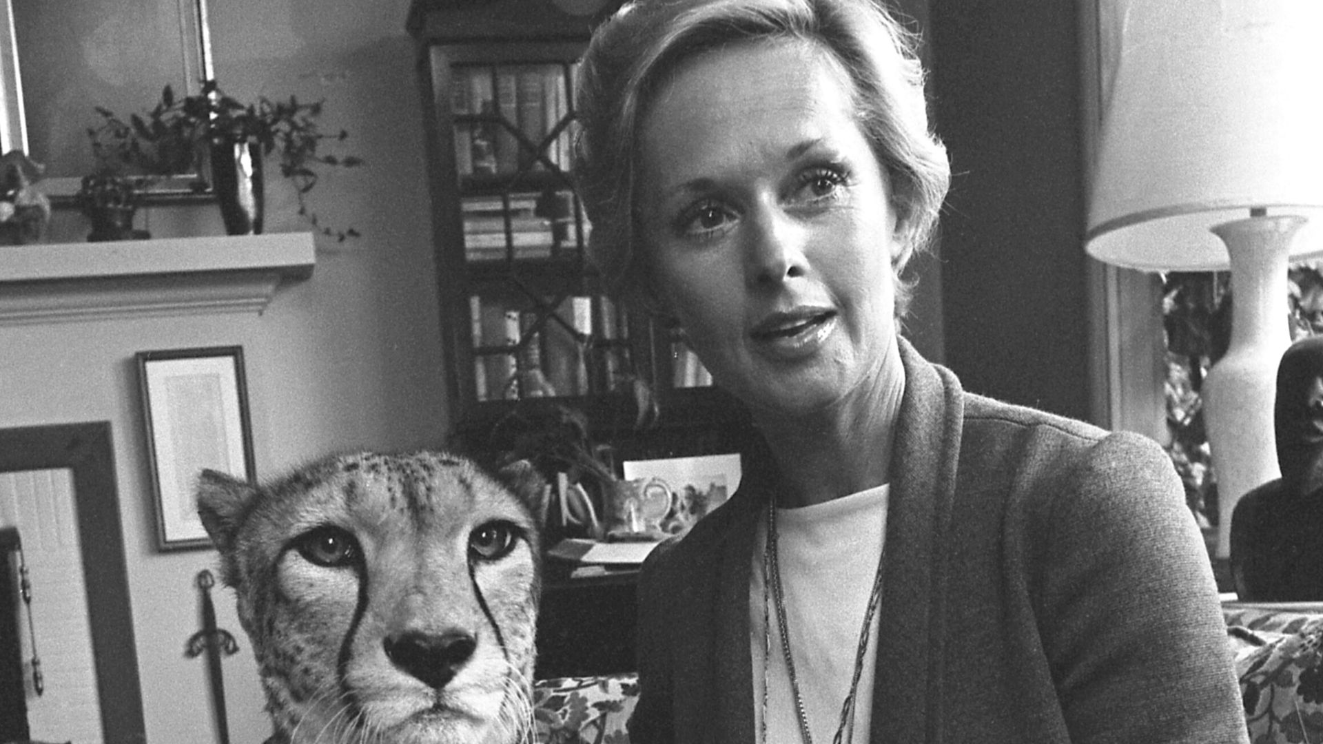 Tippi Hedren with her pet cheetah, Pharaoh, in the living room of her home in Los Angeles, Calif.