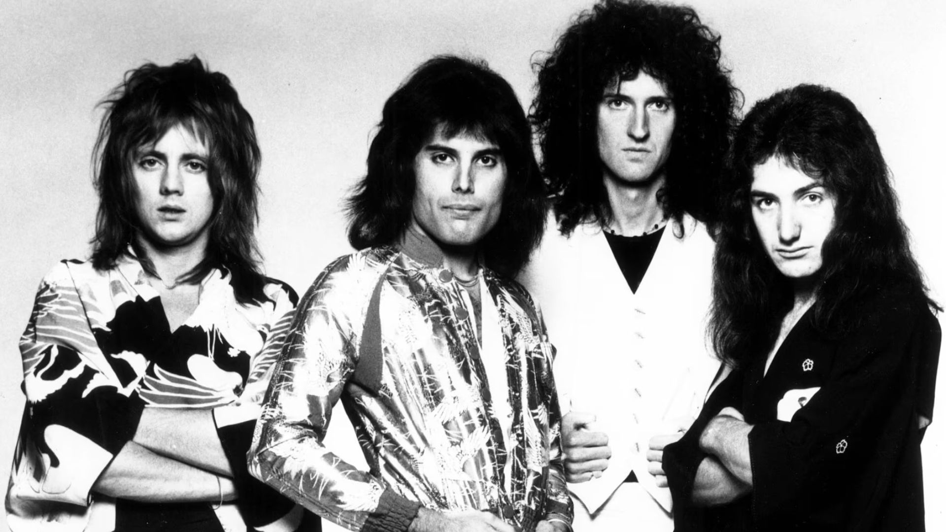 Musical group Queen, in a 1975 promotional photo for their album A Night At The Opera. Photo was published by their American label Elektra Records.