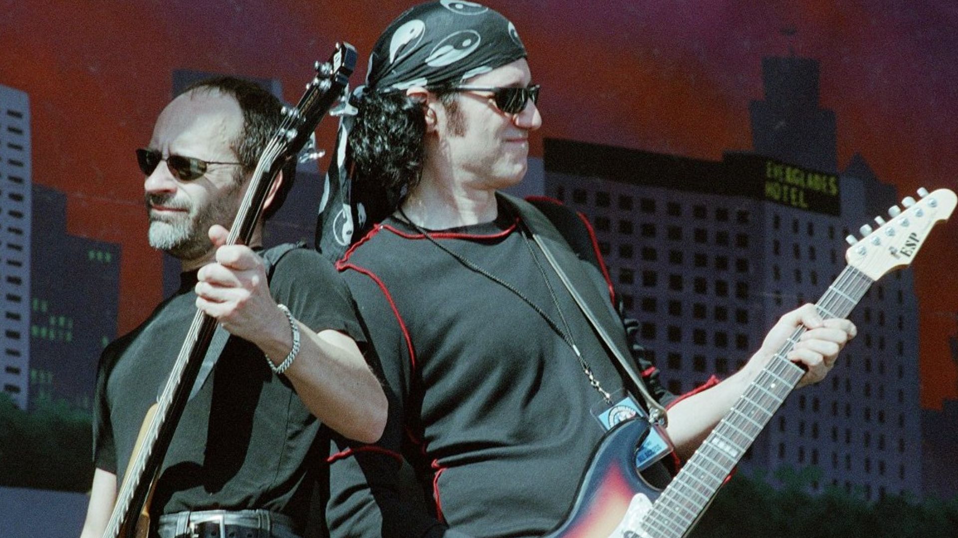 Mel Schacher and Bruce Kulick of Grand Funk Railroad performing at Gulfstream Park in Hallendale, FL.