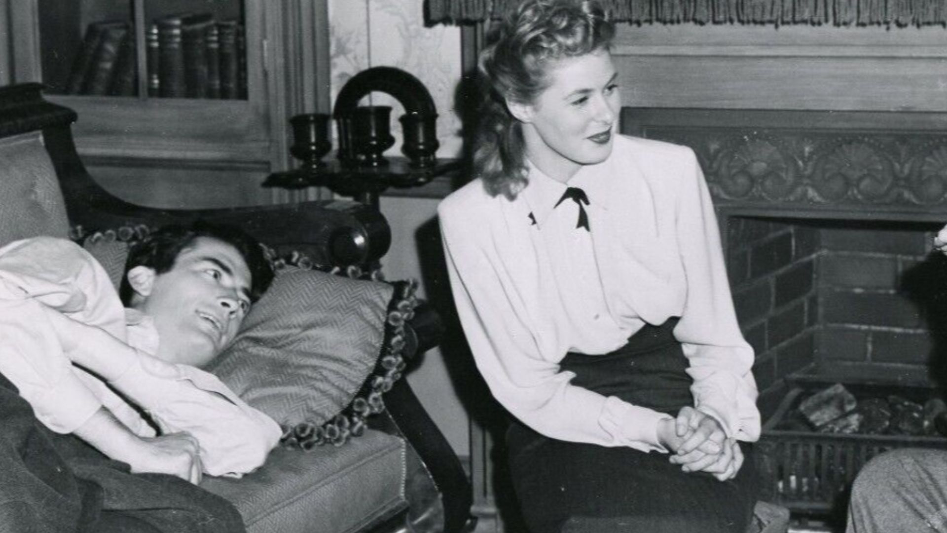Gregory Peck, Ingrid Bergman and Alfred Hitchcock on set American's psychological thriller film Spellbound (1945)