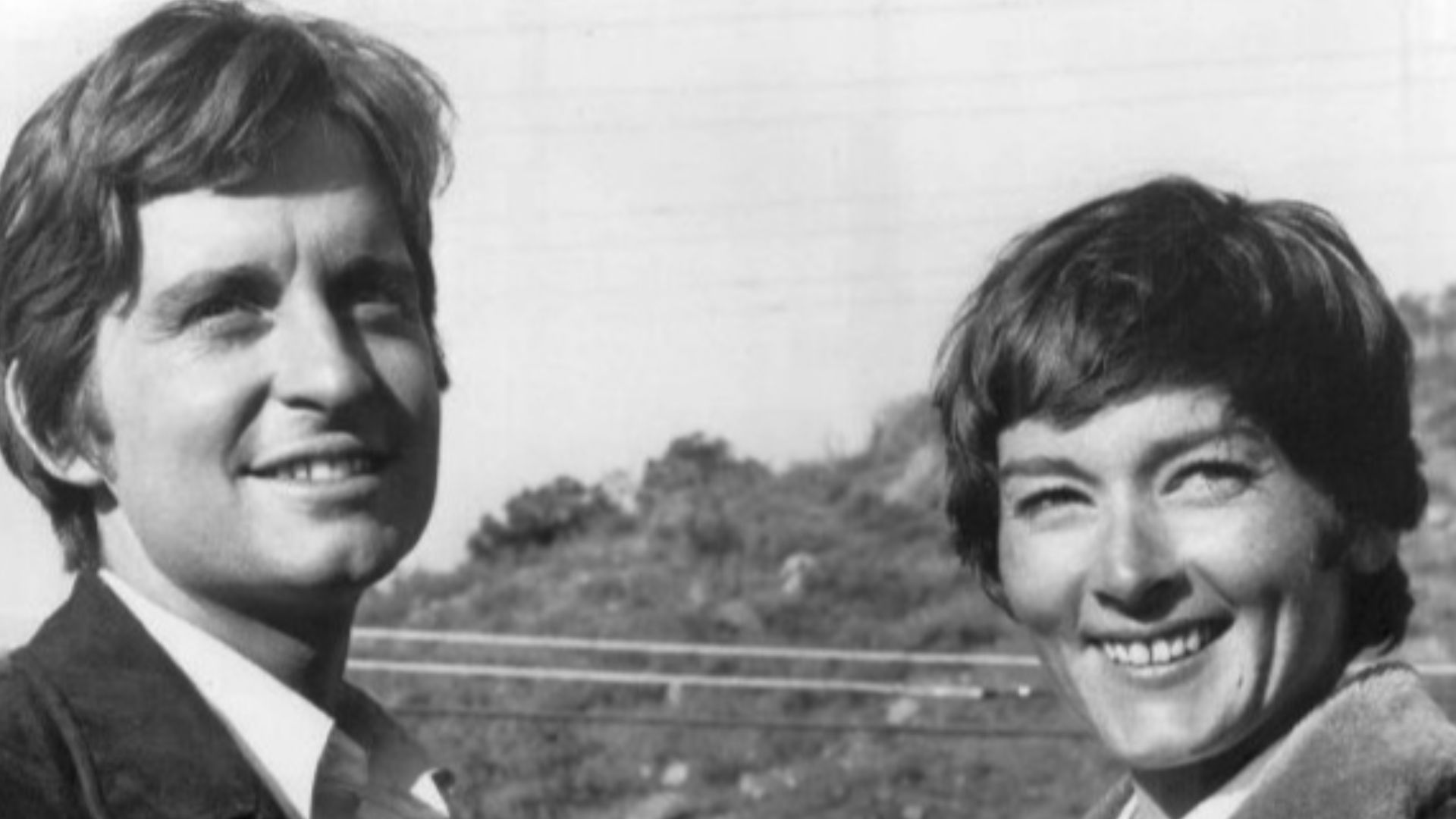 Photo of Michael Douglas and Deirdre Flynn on the set of the movie, Hail, Hero!  Flynn is the daughter of Errol Flynn and was working on the film as a stand-in.