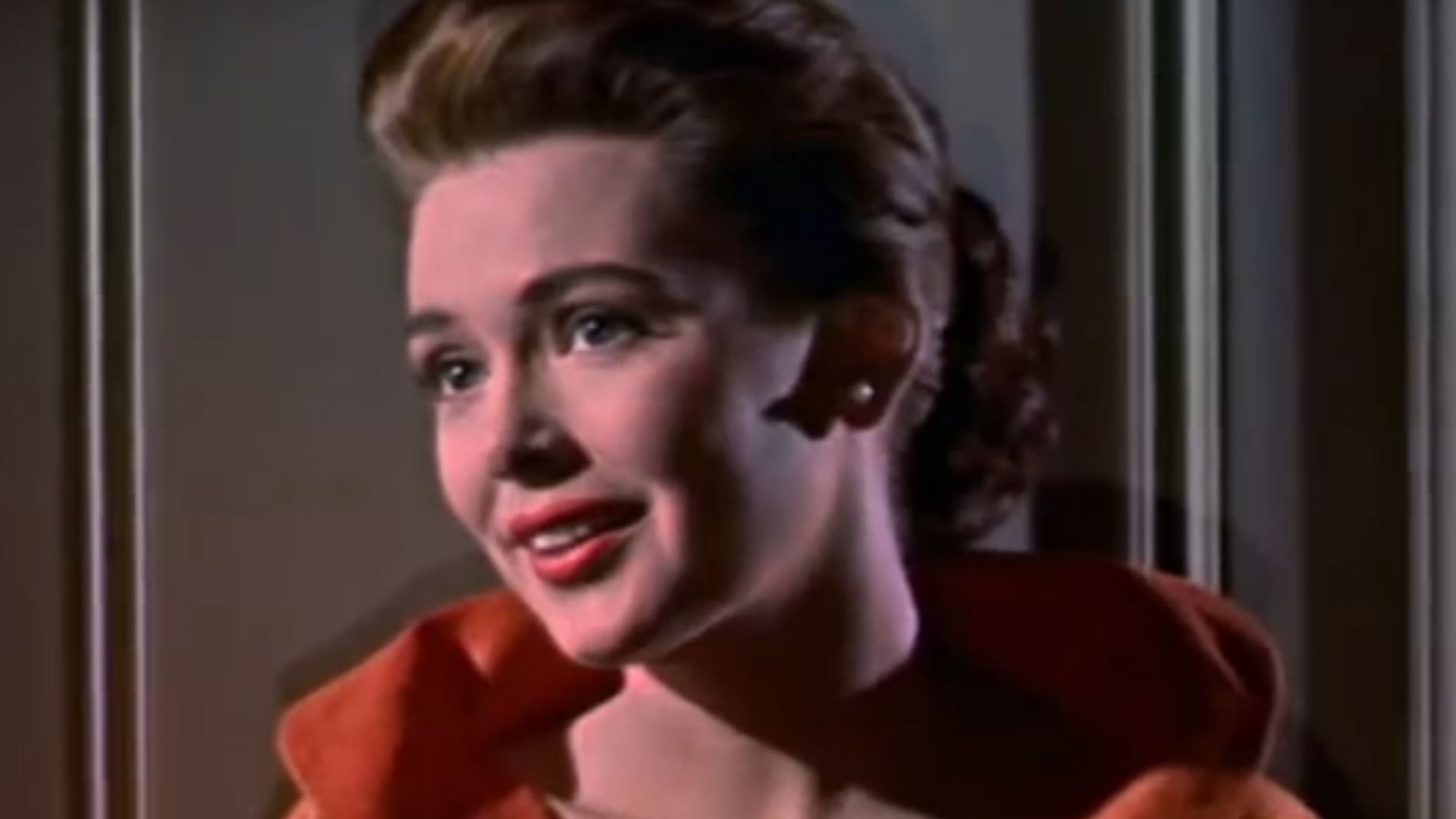 Screenshot of Barbara Rush from the trailer for the film Bigger Than Life (1956).