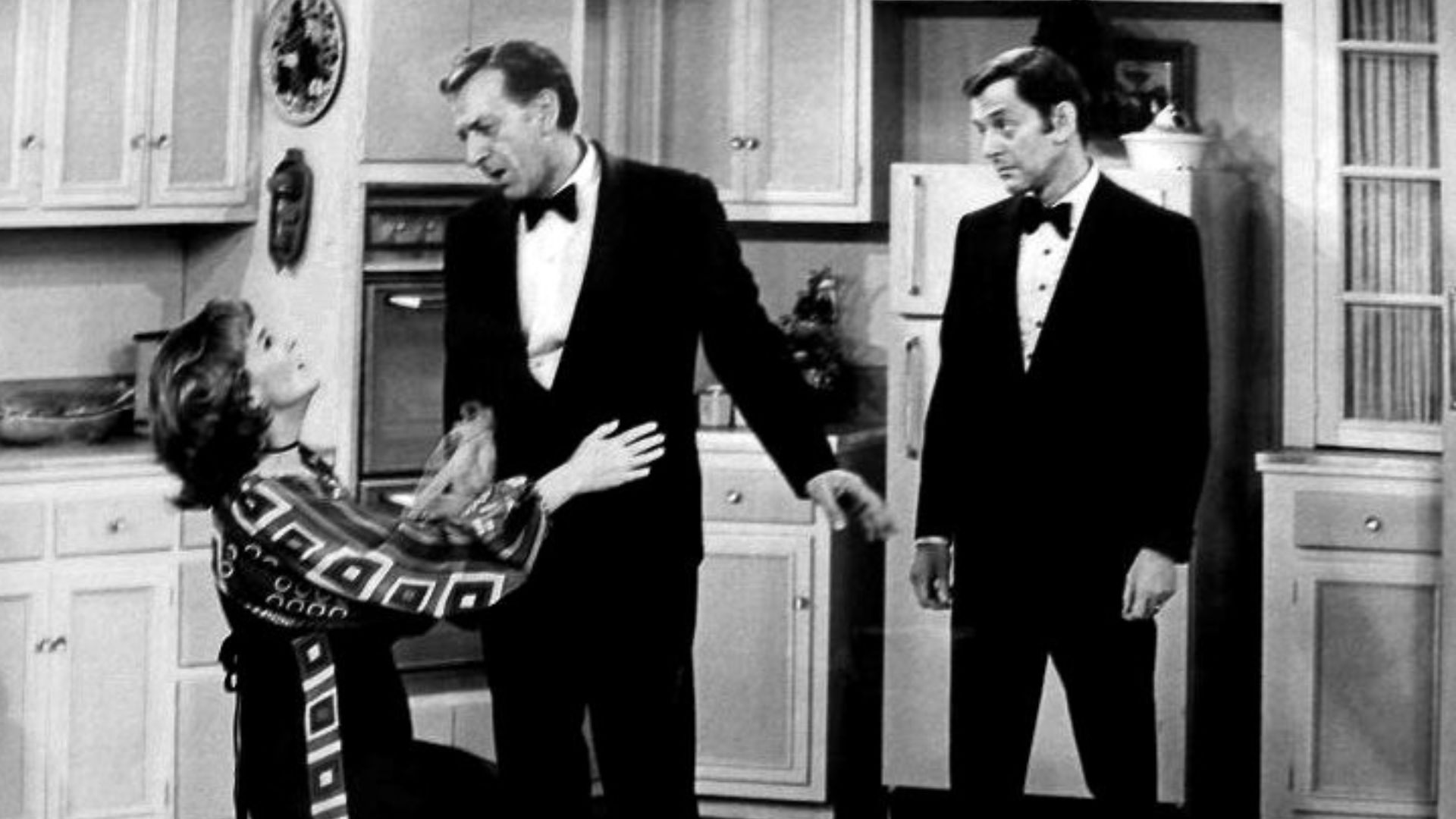 Photo of Brett Somers (who was the real-life wife of Jack Klugman and played his ex-wife, Blanche, in the series), Jack Klugman and Tony Randall from the television program The Odd Couple.  In this episode, Oscar dreams that Blanche has come back on bende