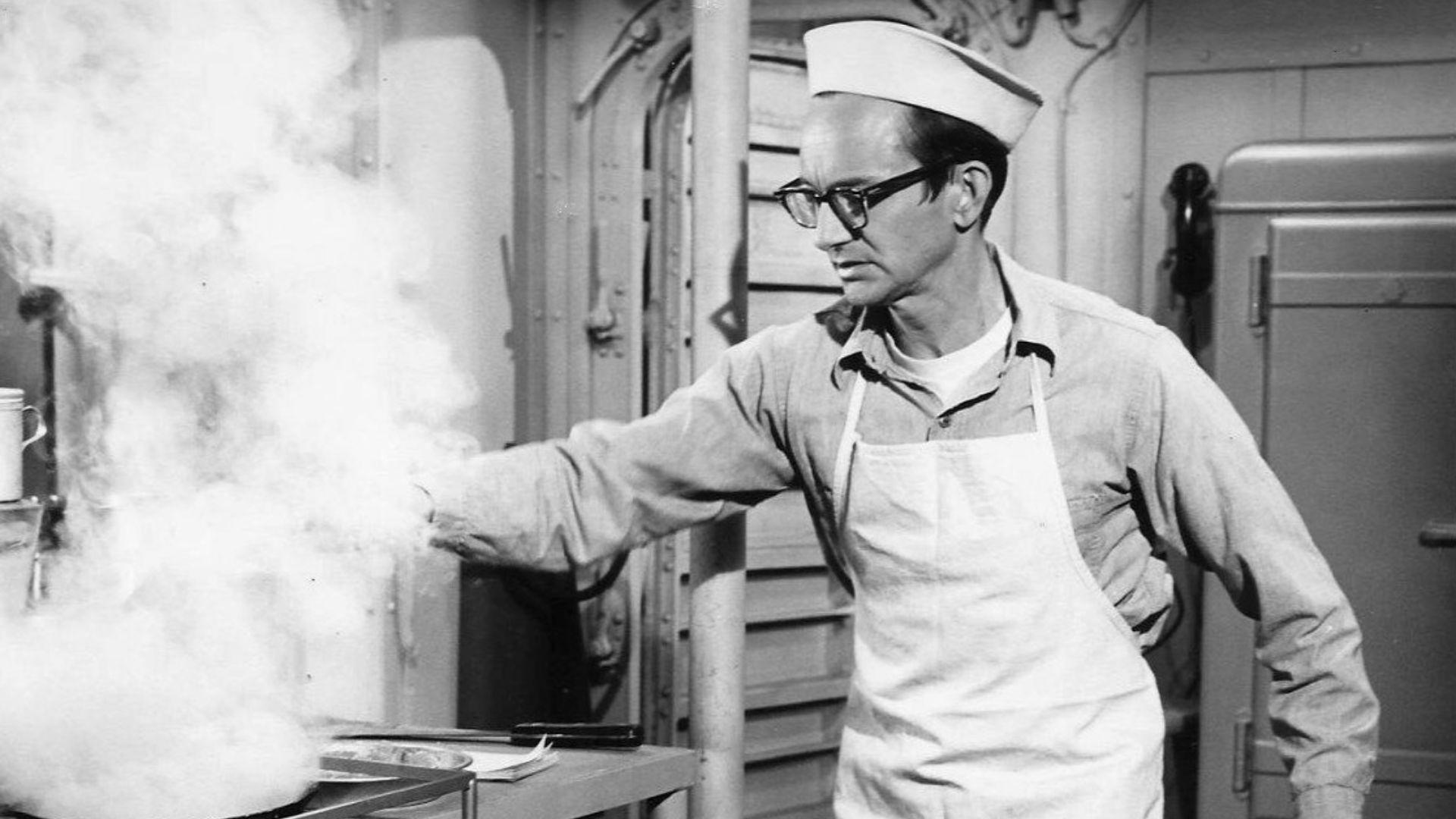 Photo of Wally Cox as a guest star on Mister Roberts.  Cox played a cook newly assigned to the ship who had no cooking ability whatsoever.