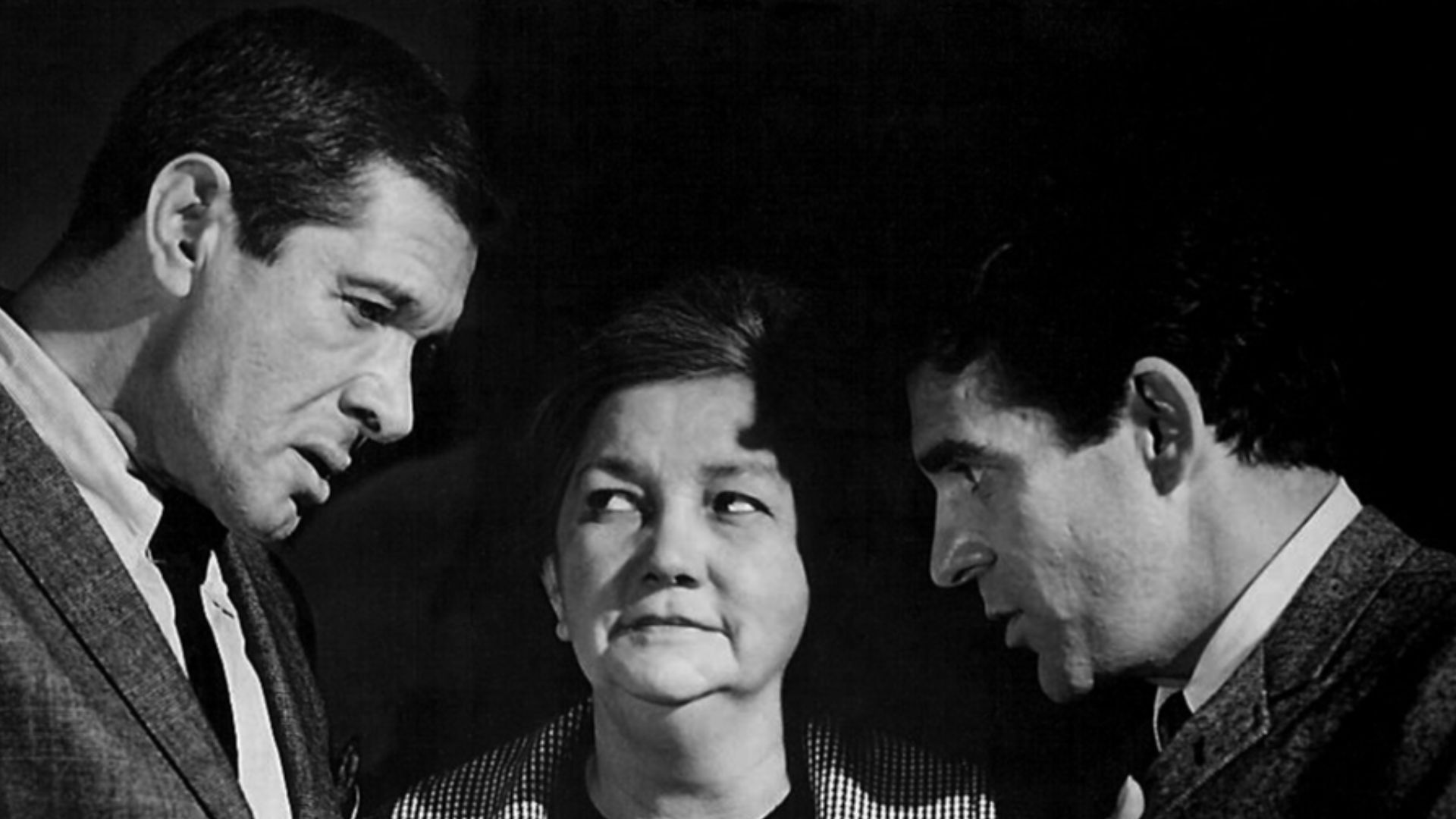 Photo of guest stars Jan Murray, Patsy Kelly and Pat Harrington from the television program The Man From U.N.C.L.E..  The three play roles of THRUSH executives jockeying for power in the organization in the episode The Hula Doll Affair