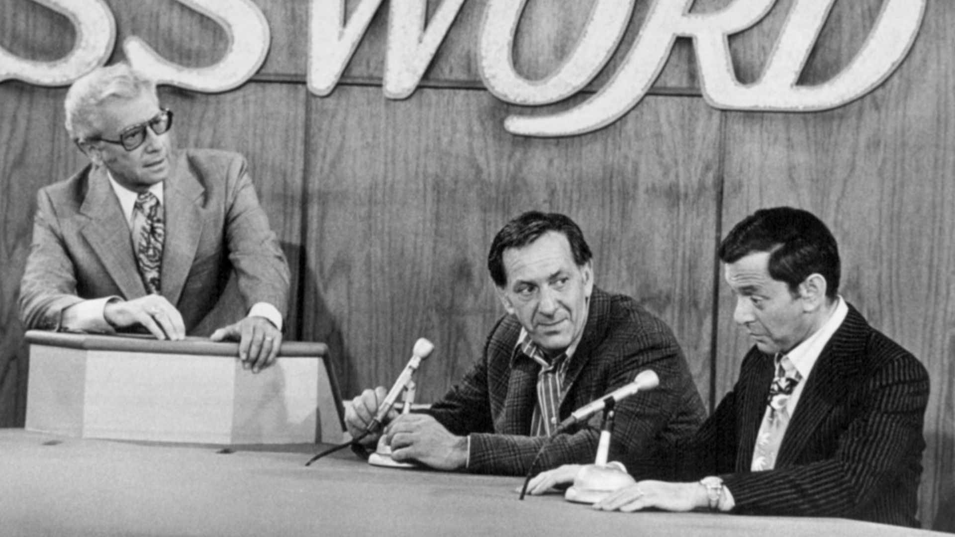 Photo of Allen Ludden, Jack Klugman as Oscar and Tony Randall as Felix from the television program The Odd Couple.  In this episode, Oscar and Felix appear on the television game show Password.