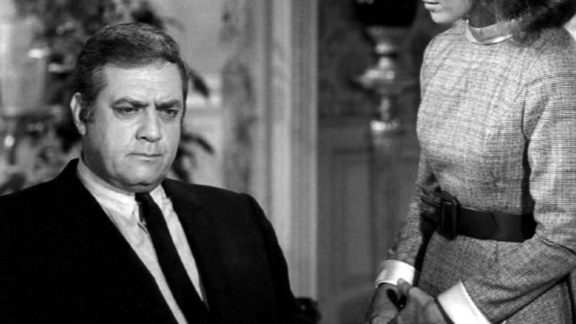 Publicity photo of Raymond Burr and Victoria Shaw from the Ironside television show, episode A Drug on the Market.