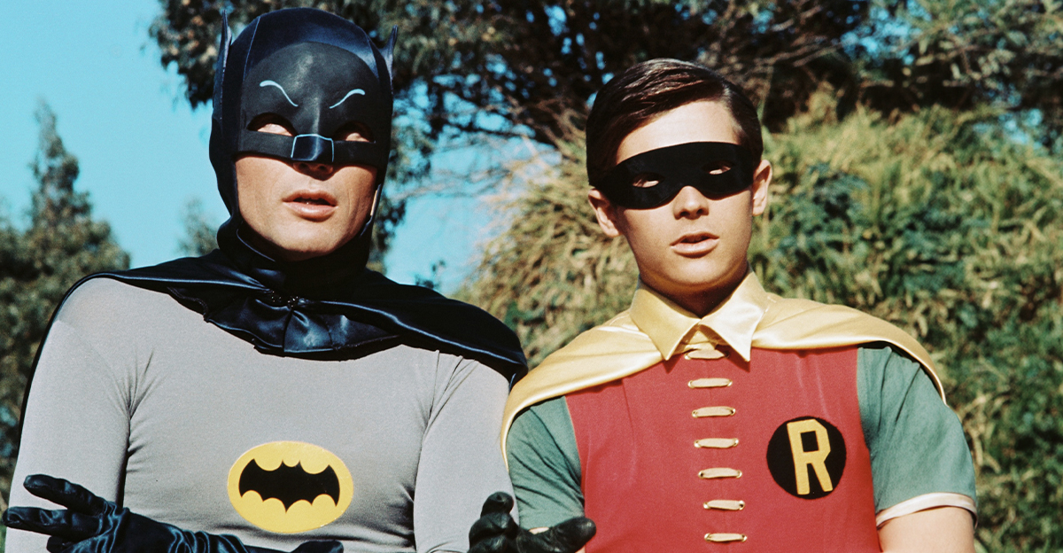American actors Adam West as Batman and Burt Ward as Robin