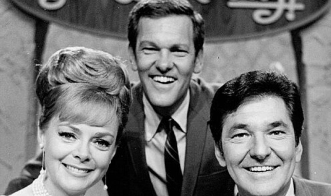 Publicity photo of Tom Kennedy, June Lockhart and Jack Narz from the television game show You Don't Say!.  Kennedy and Narz are brothers.