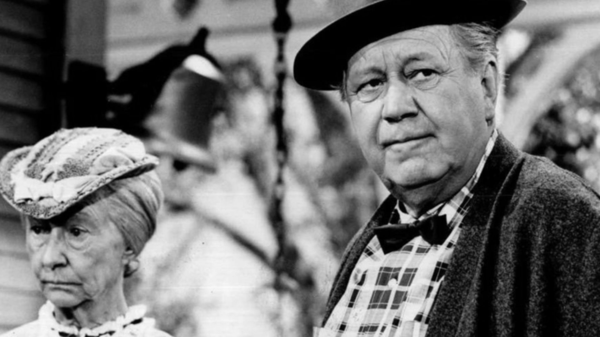 Photo of Irene Ryan and Edgar Buchanan from the television program Petticoat Junction.  Ryan, as Granny Clampett from The Beverly Hillbillies, visits Hooterville and is met by Uncle Joe.
