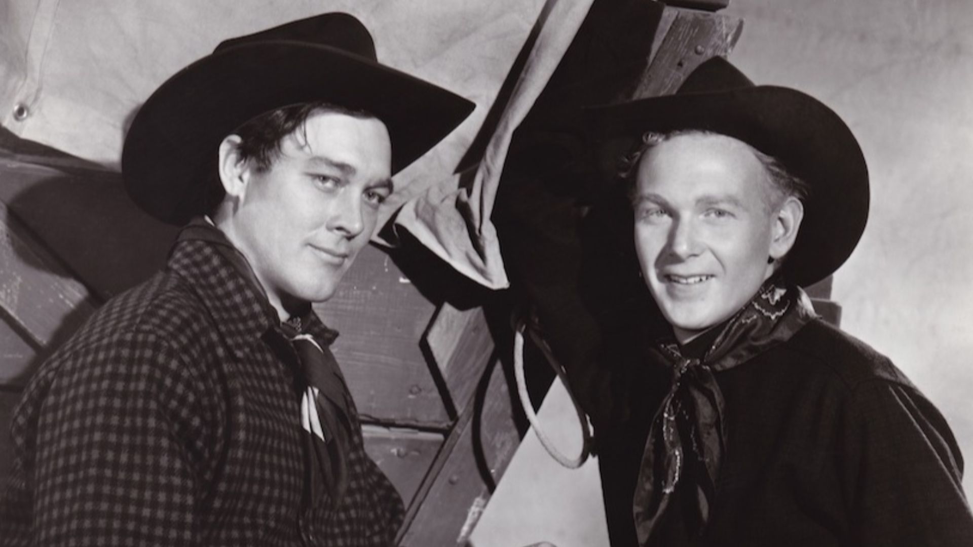 Publicity photograph for the film Wagon Master (1950) showing Ben Johnson and Harry Carey, Jr..