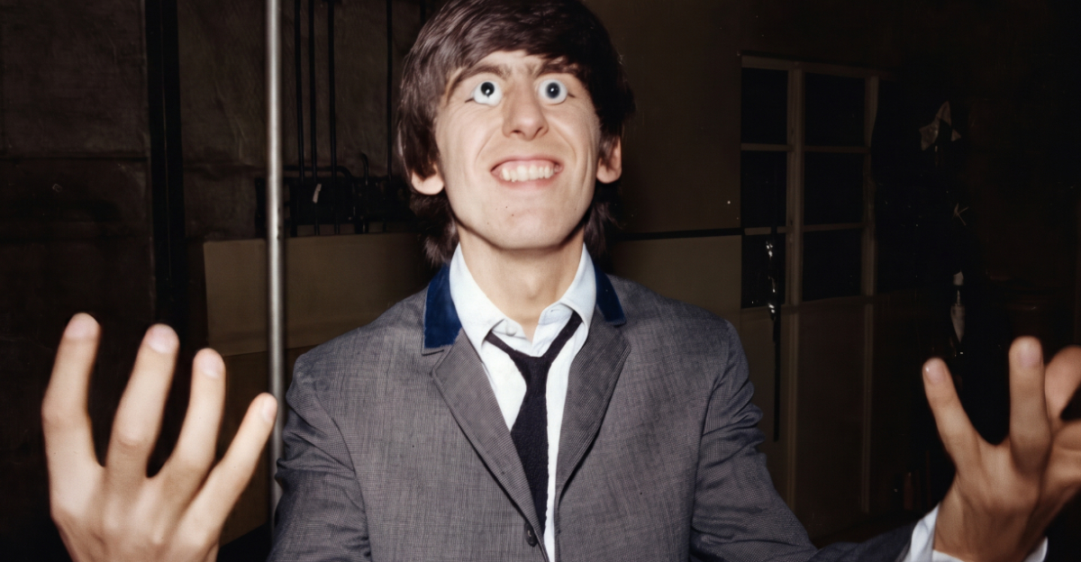 George Harrison tries out a pair of false eyes made by Madame Tussaud's waxwork
