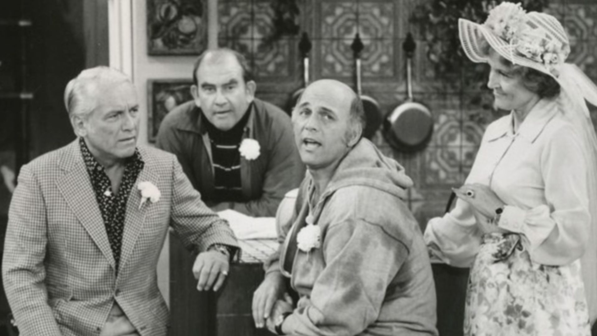 Publicity photo of Ted Knight, Ed Asner, Gavin MacLeod and Betty White from The Mary Tyler Moore Show. In this episode, Ted and Georgette decide to be married while at Mary's dinner party, and the wedding is arranged immediately.  Ted and friends wait in 