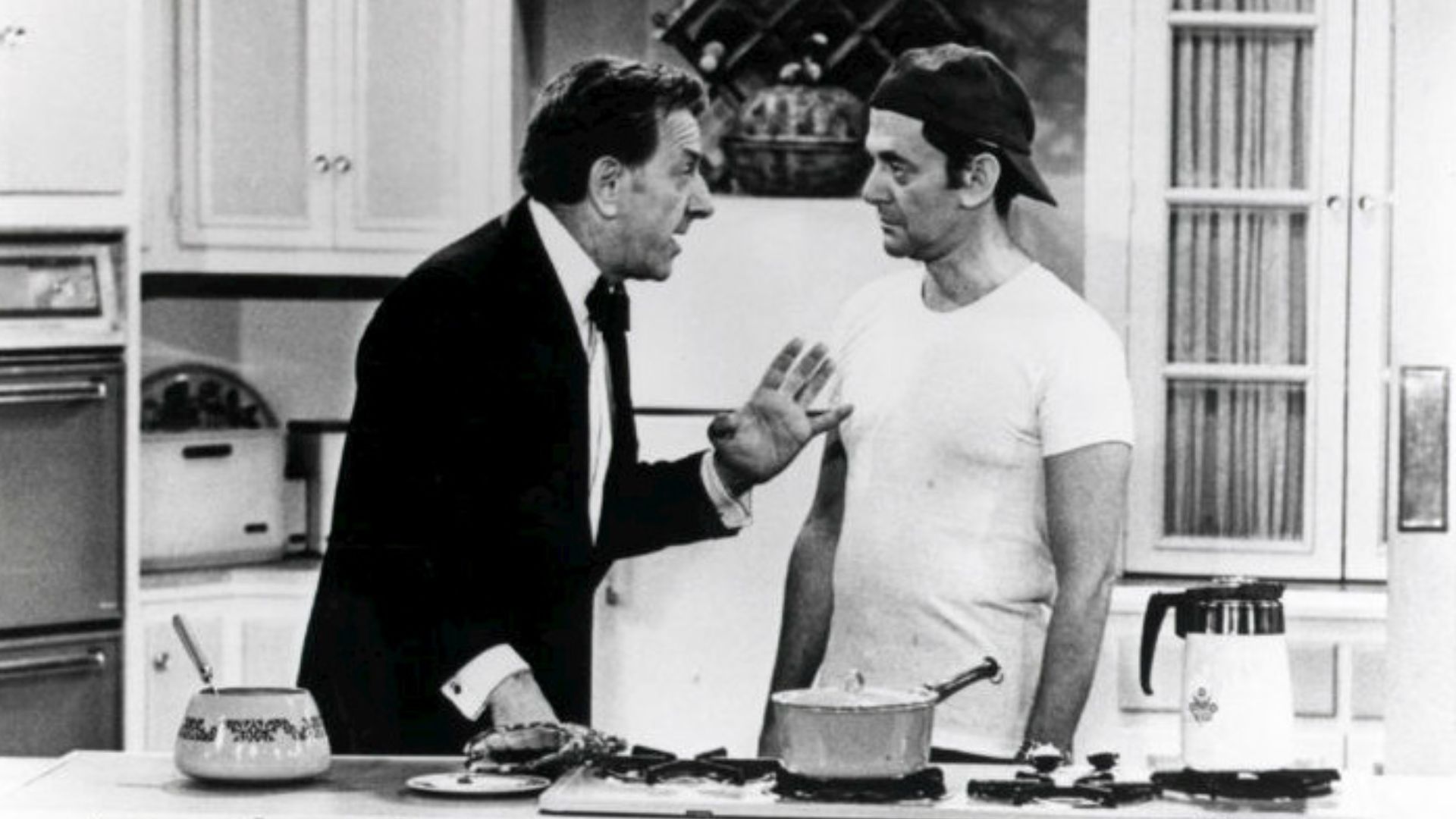Photo of Jack Klugman as Oscar Madison and Tony Randall as Felix Unger from the television comedy The Odd Couple.  In this episode,