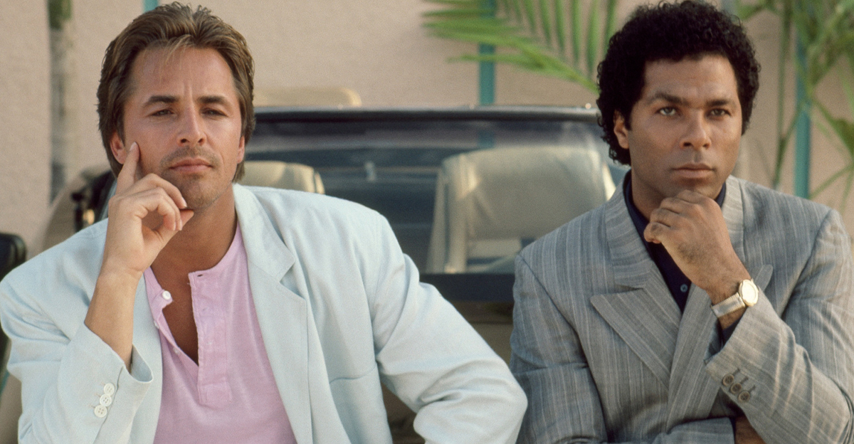 Actors Don Johnson and Philip Michael Thomas in the TV series Miami Vice (1984-1990)
