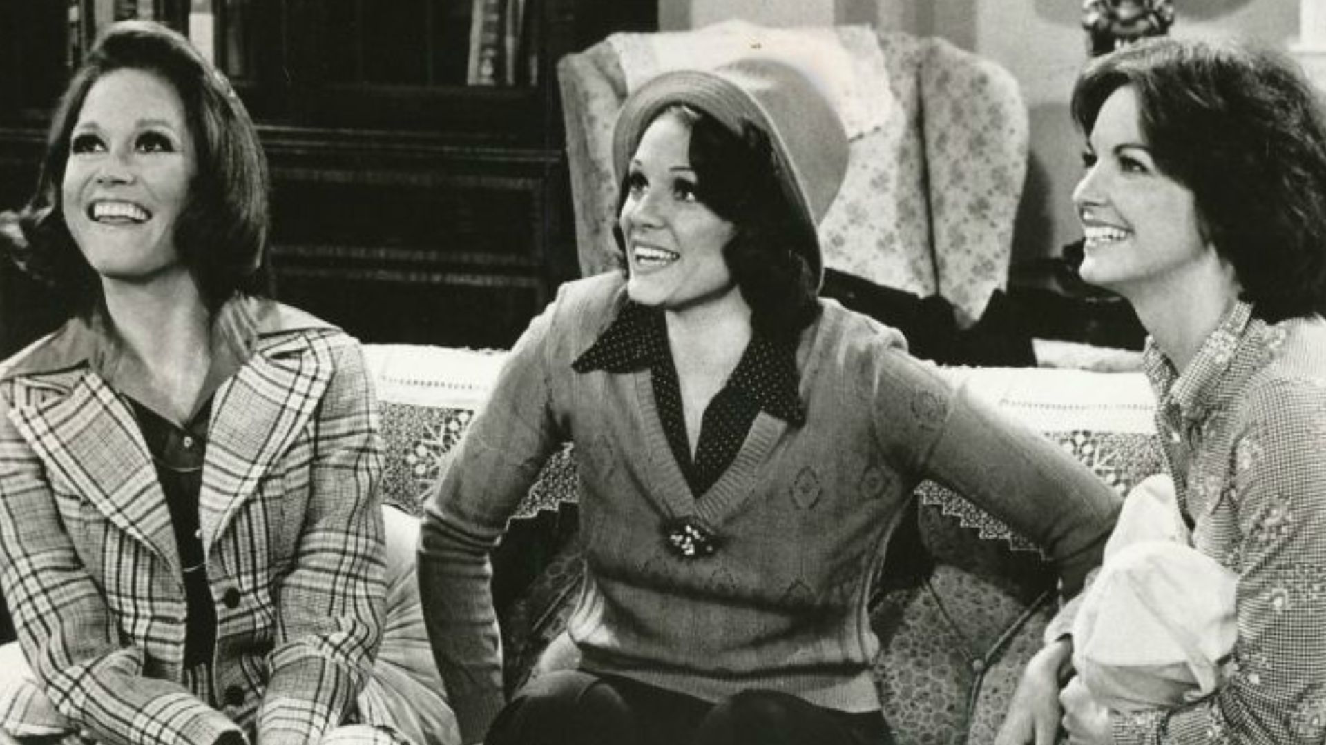 Publicity photo of Mary Tyler Moore, Valerie Harper and Liberty Williams from The Mary Tyler Moore Show. In this episode, Mary and Rhoda are in New York for Rhoda's youger sister's wedding.