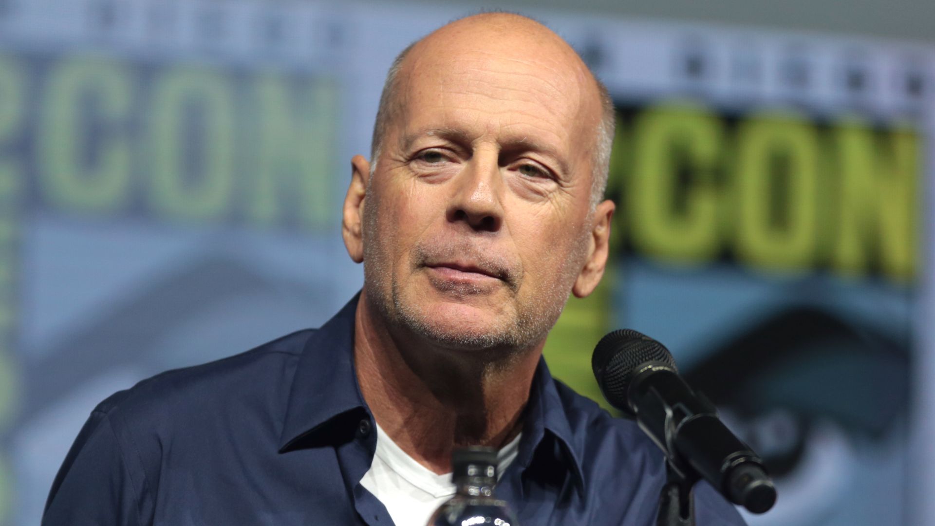Bruce Willis speaking at the 2018 San Diego Comic Con International, for