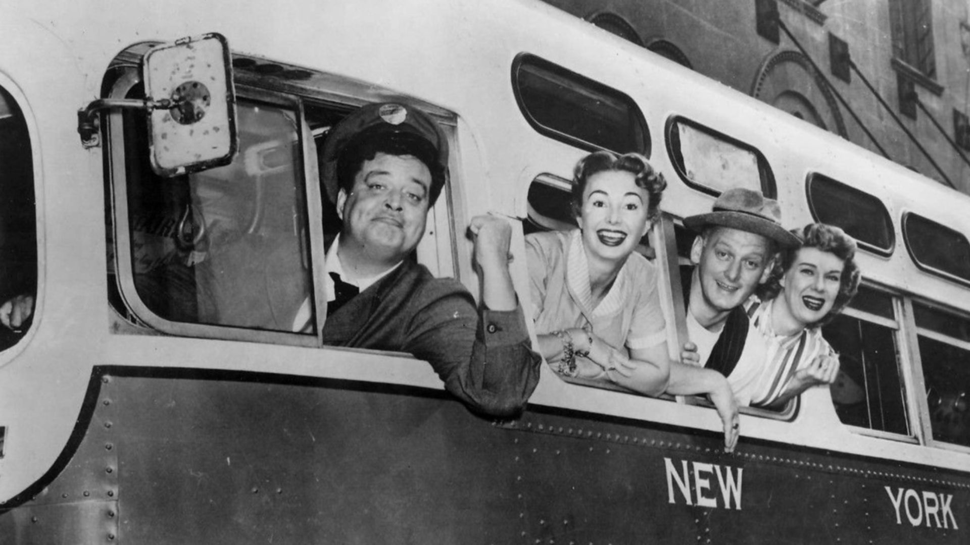 Photo of the complete cast of the television program The Honeymooners.  This was the premiere of the show on CBS as it moved there from the DuMont network.  From left: Jackie Gleason (Ralph Kramden), Audrey Meadows (Alice Kramden), Art Carney (Ed Norton),