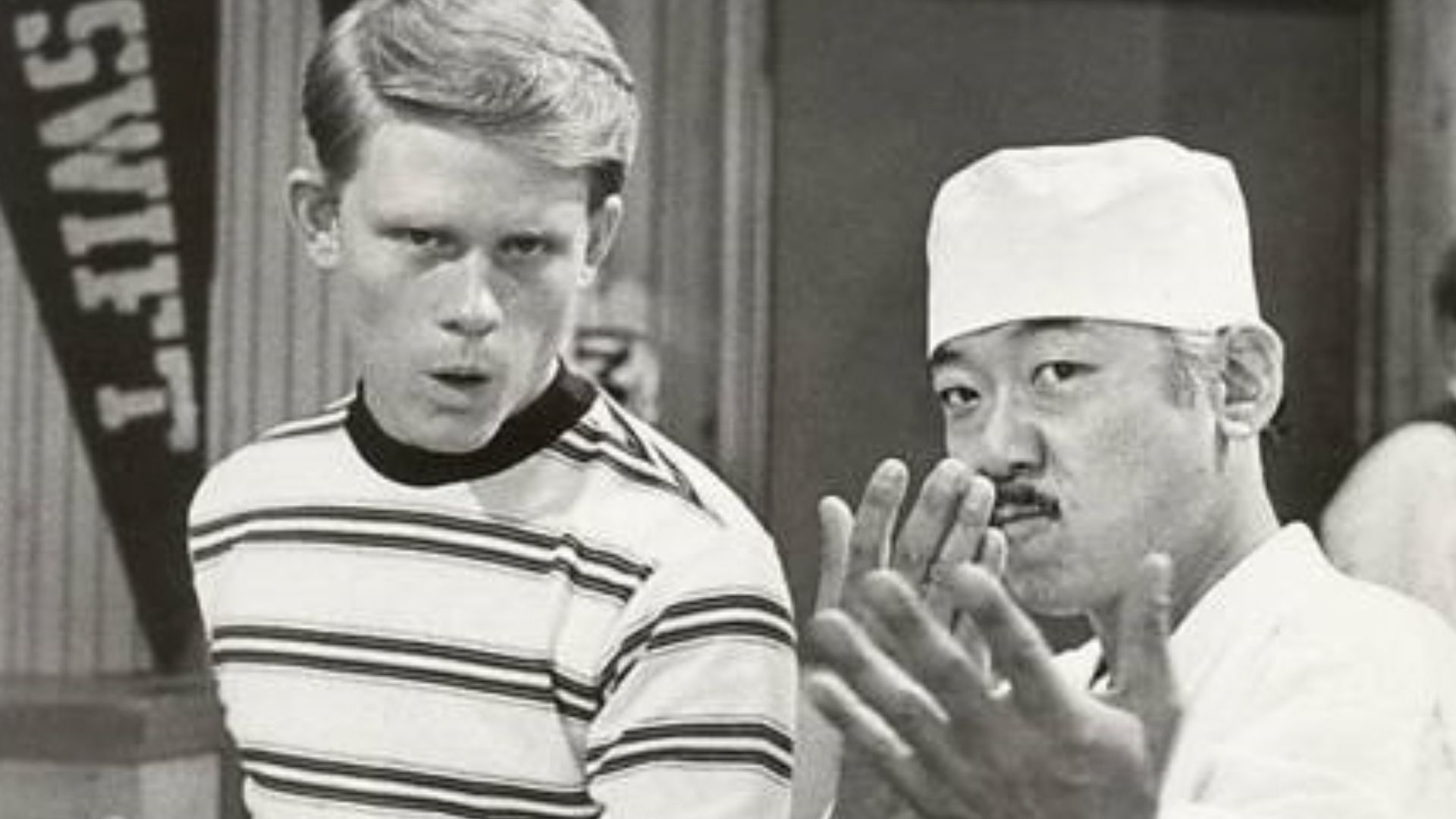 ABC promotional photo for the TV series Happy Days depicting Ron Howard as Richie Cunningham and Pat Morita as Arnold Takahashi in the 1975 episode