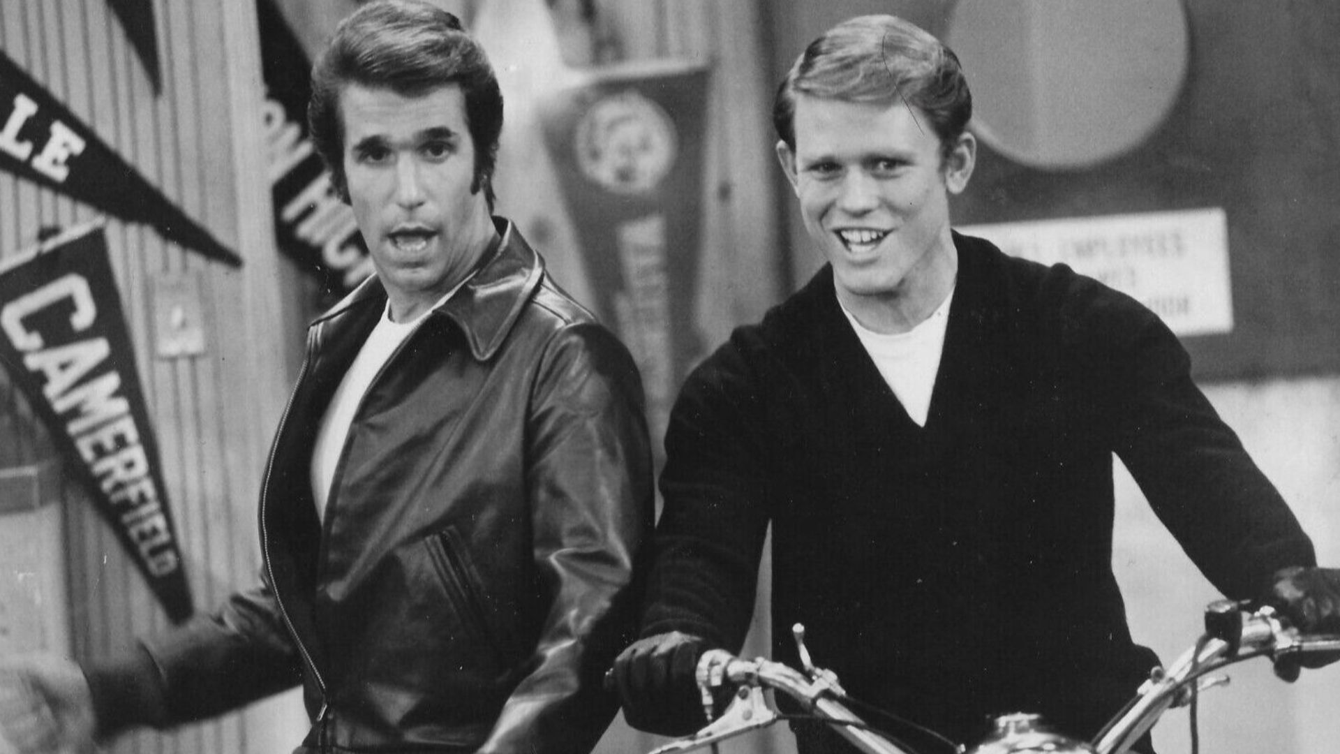 Publicity photo of Fonzie (Henry Winkler) and Richie (Ron Howard) from Happy Days.