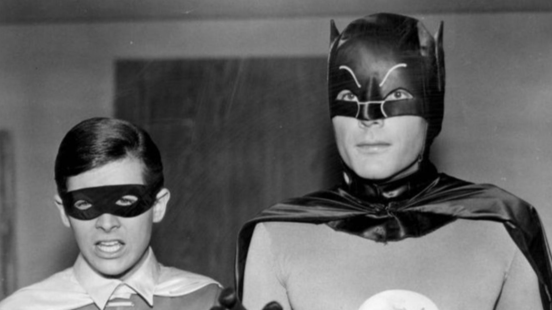 Photo of Burt Ward (Robin) and Adam West (Batman).