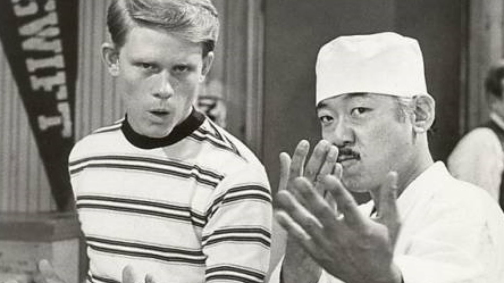 ABC promotional photo for the TV series Happy Days depicting Ron Howard as Richie Cunningham and Pat Morita as Arnold Takahashi in the 1975 episode