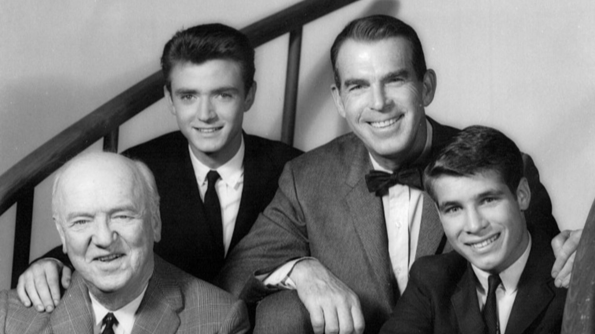 Publicity photo for the 3rd season premiere of My Three Sons. Clockwise from left: William Frawley as Bub, Tim Considine as Mike, Fred MacMurray as Steve,  Don Grady as Robbie, and Stanley Livingston as Chip from My Three Sons.