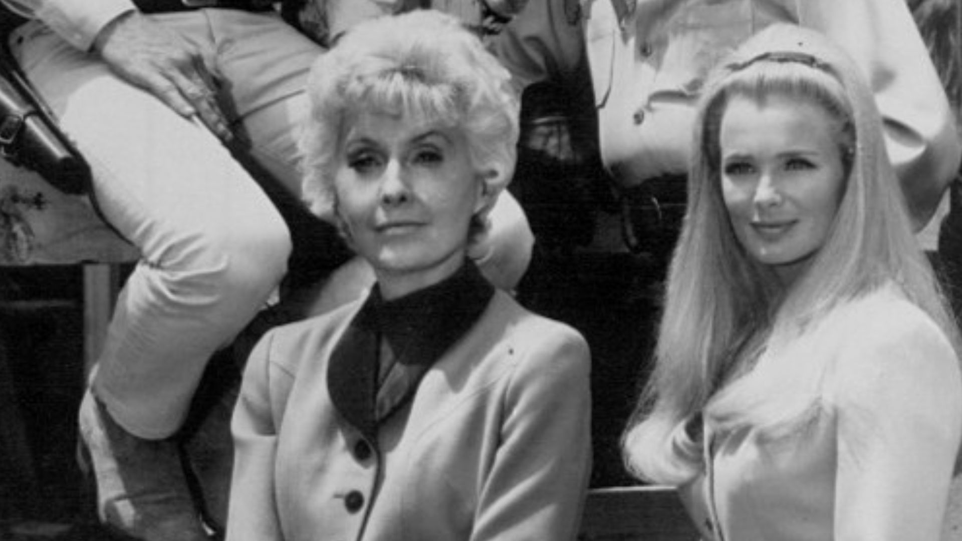 Crop of cast photo from the television Western The Big Valley. Barbara Stanwyck, Linda Evans.