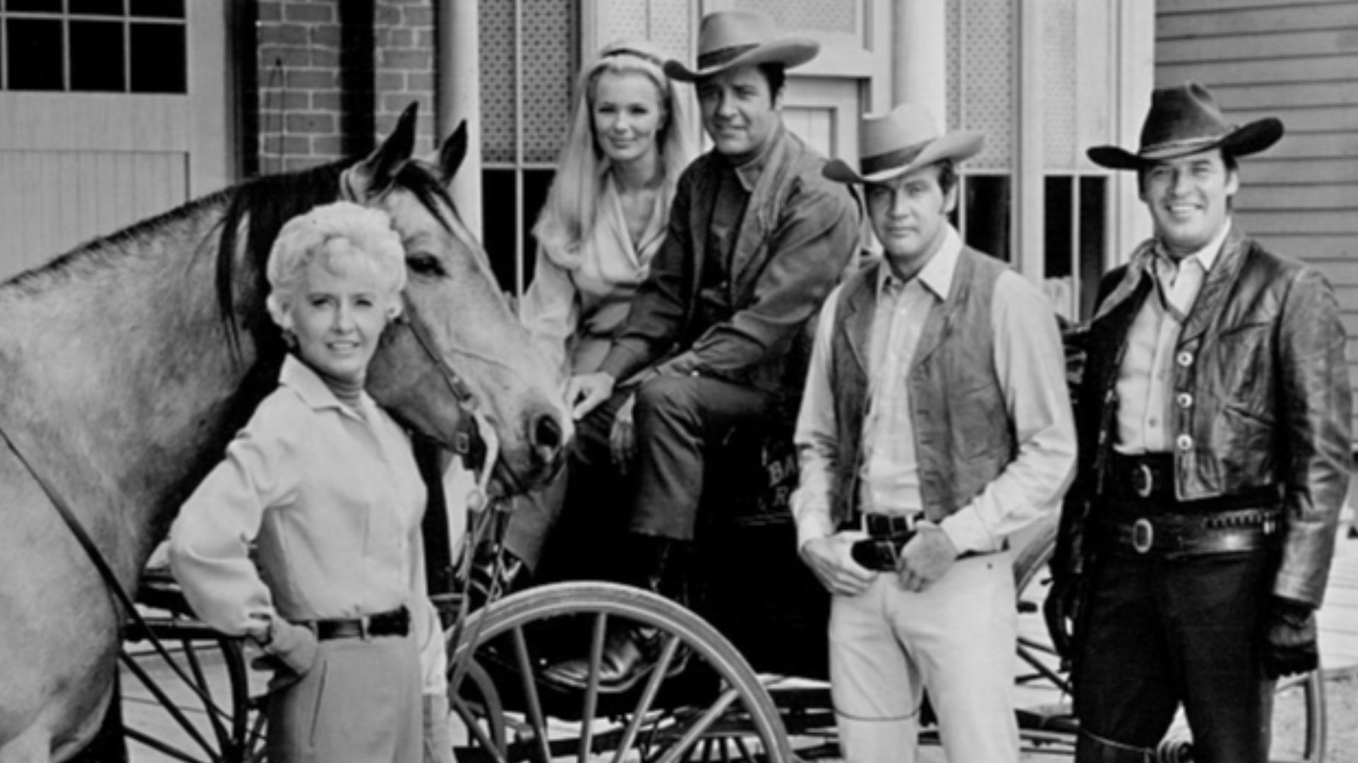 Big Valley cast photo from 1968.  From left: Barbara Stanwyck, Linda Evans, Richard Long, Lee Majors and Peter Breck.