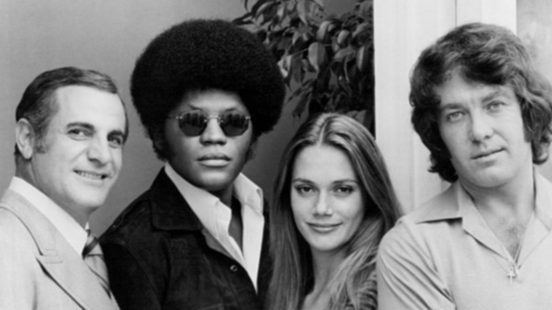 Cast photo from the television program The Mod Squad.  From left:Tige Andrews, Clarence Williams III, Peggy Lipton, Michael Cole.